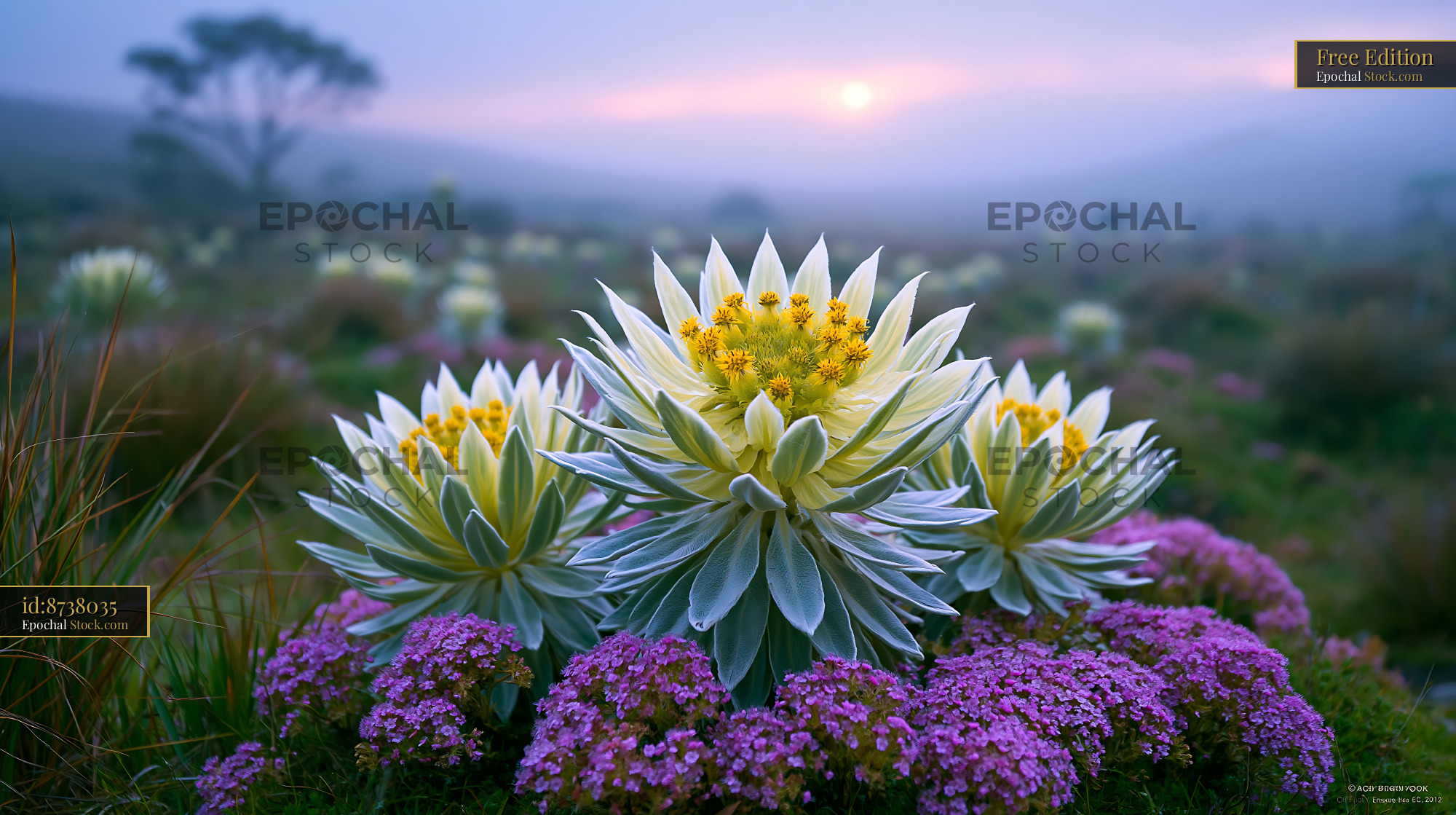 Sea daffodil dune at sunrise in a misty coastal landscape - stock photo