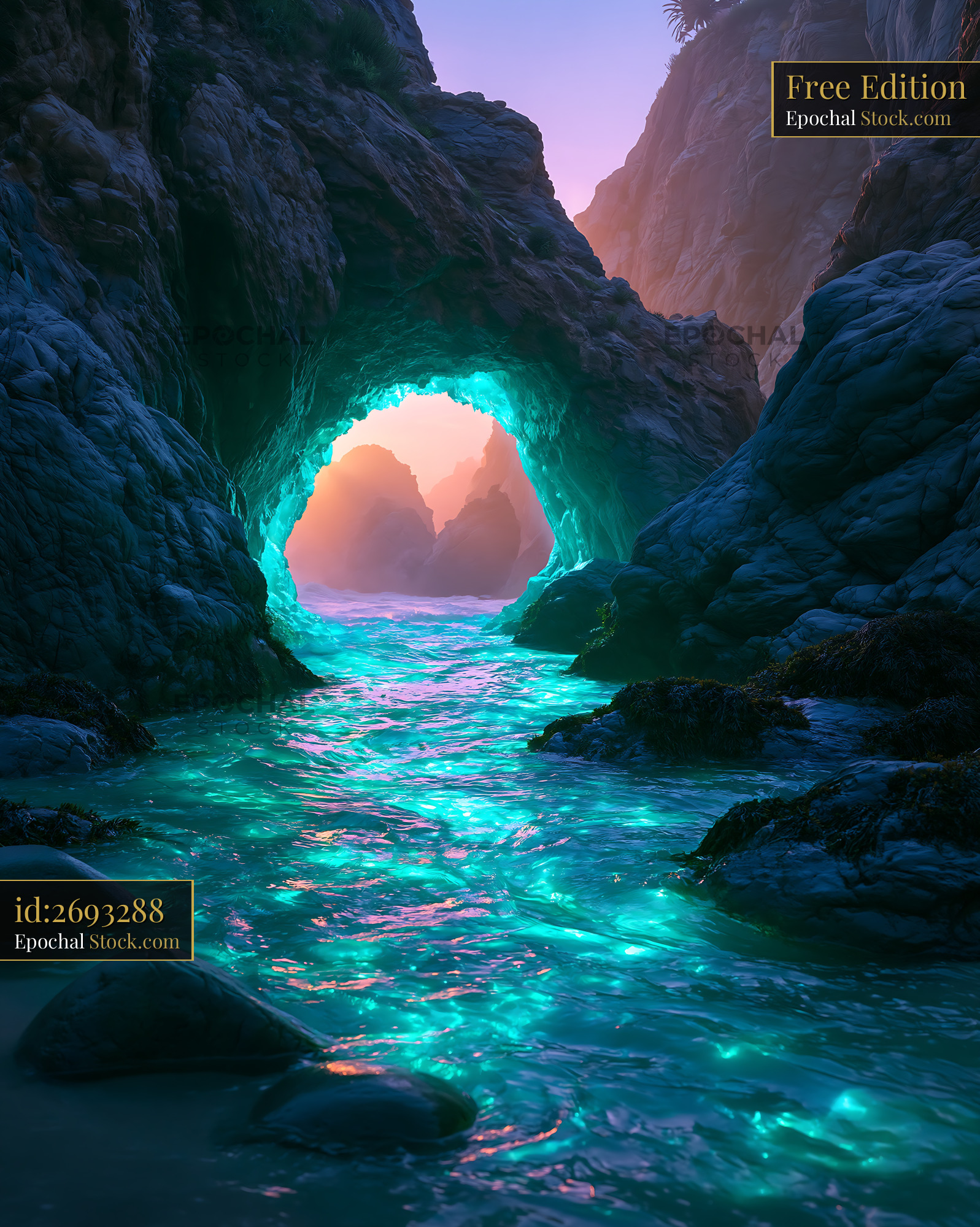Bioluminescent sea cave grotto with glowing turquoise water at sunset - stock photo