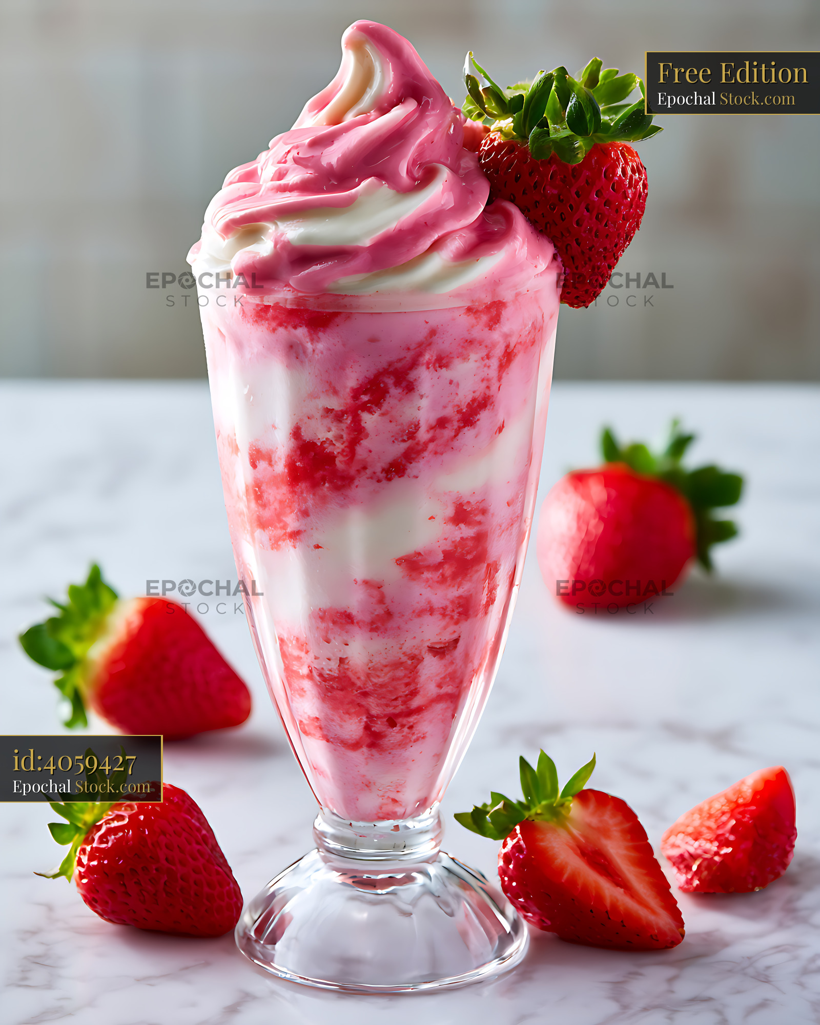 Strawberry vanilla swirl milkshake topped with cream and fresh fruit - stock photo