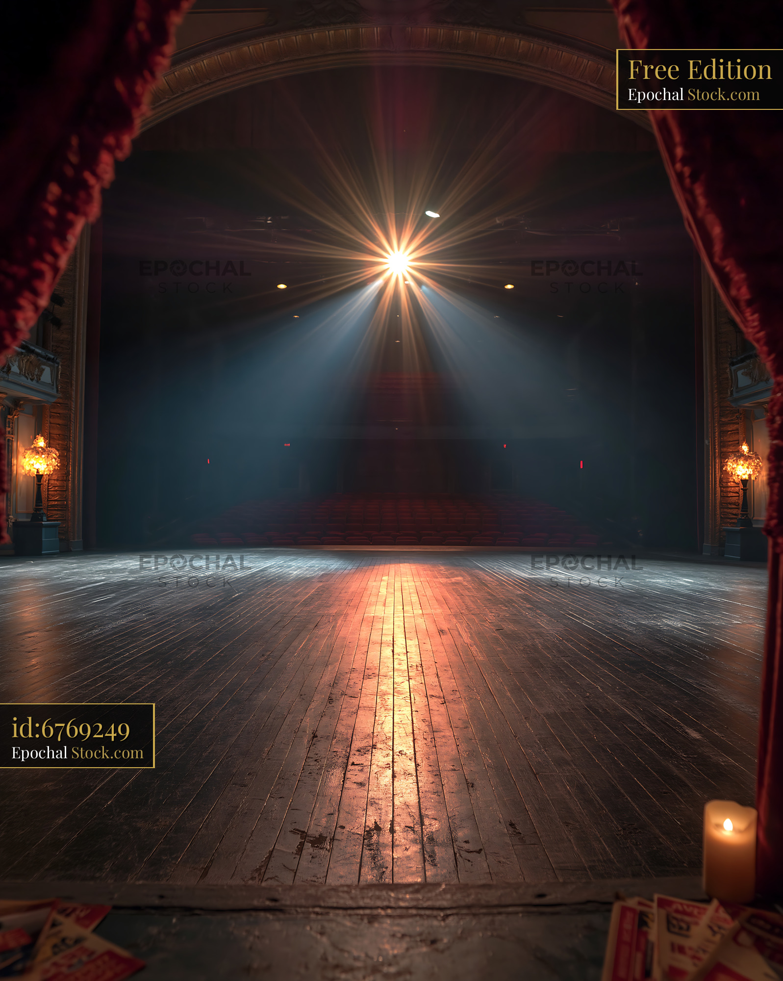 Empty theater stage with bright spotlight from the auditorium