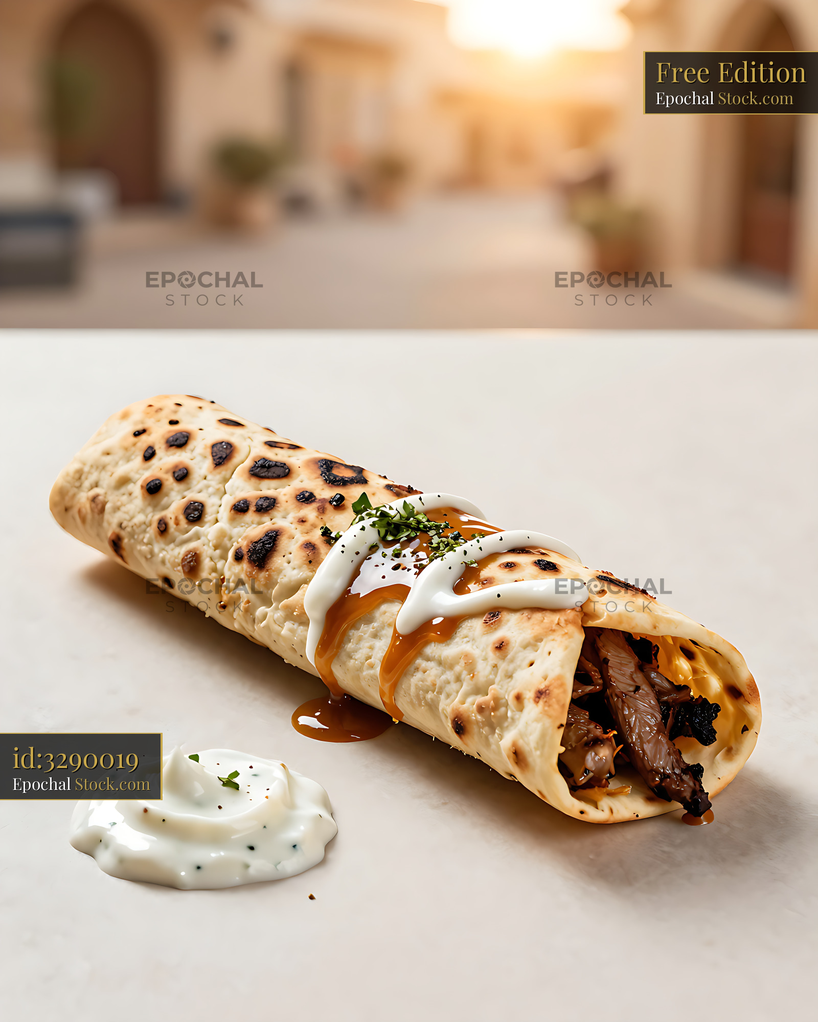 Pakistani Bihari kebab naan roll with yogurt sauce at sunset - stock photo