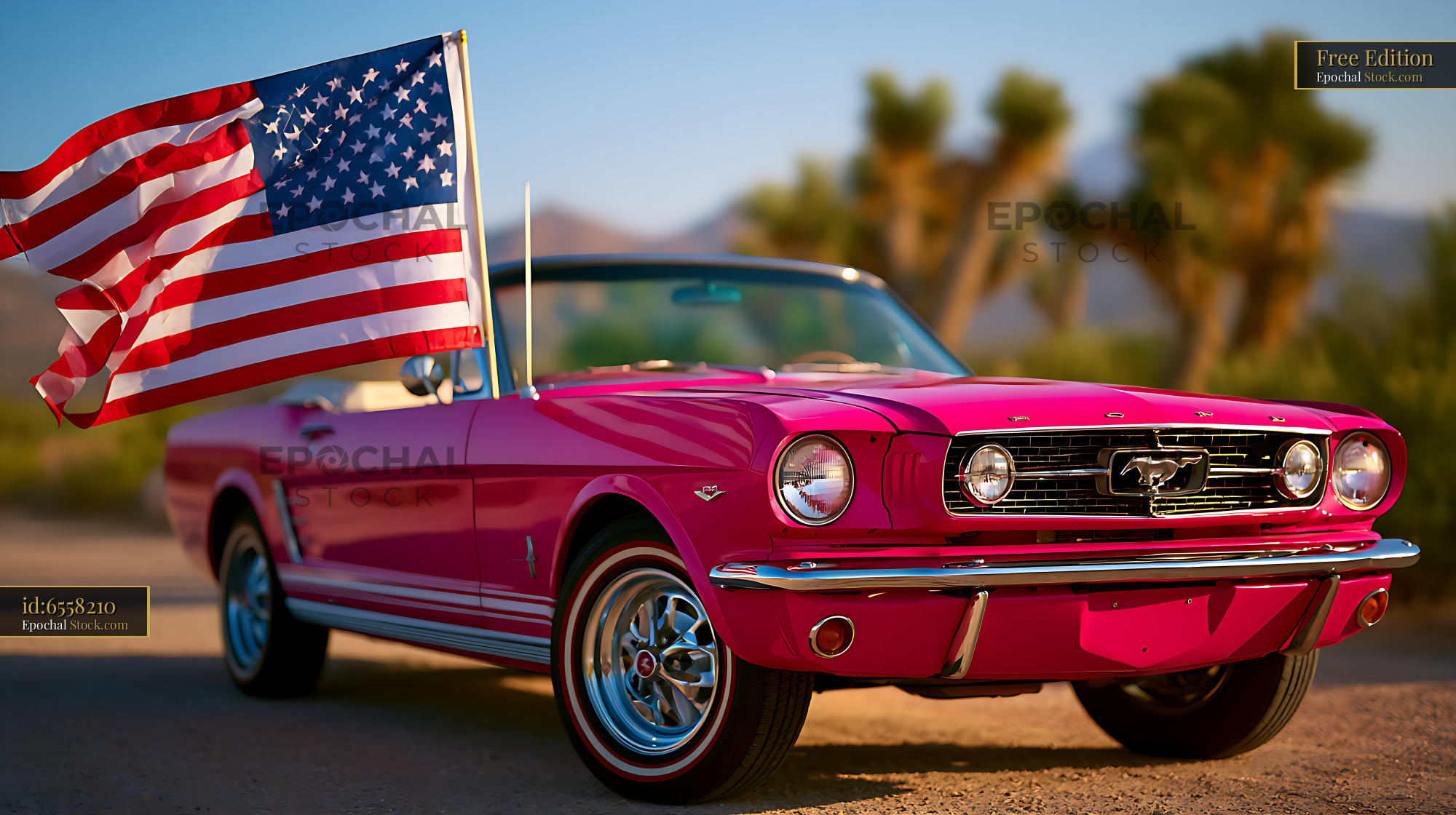 Vintage pink convertible car with american flag in desert landscape