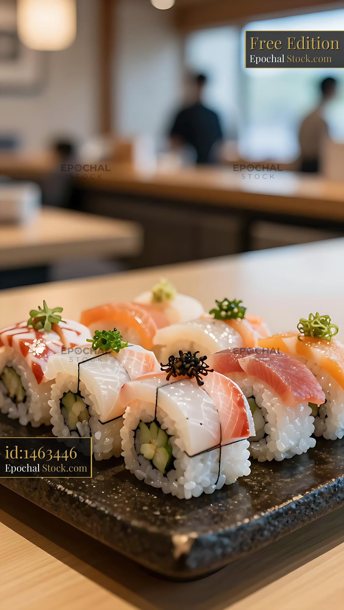 Assorted mosaic sushi square rolls with fresh fish in a restaurant