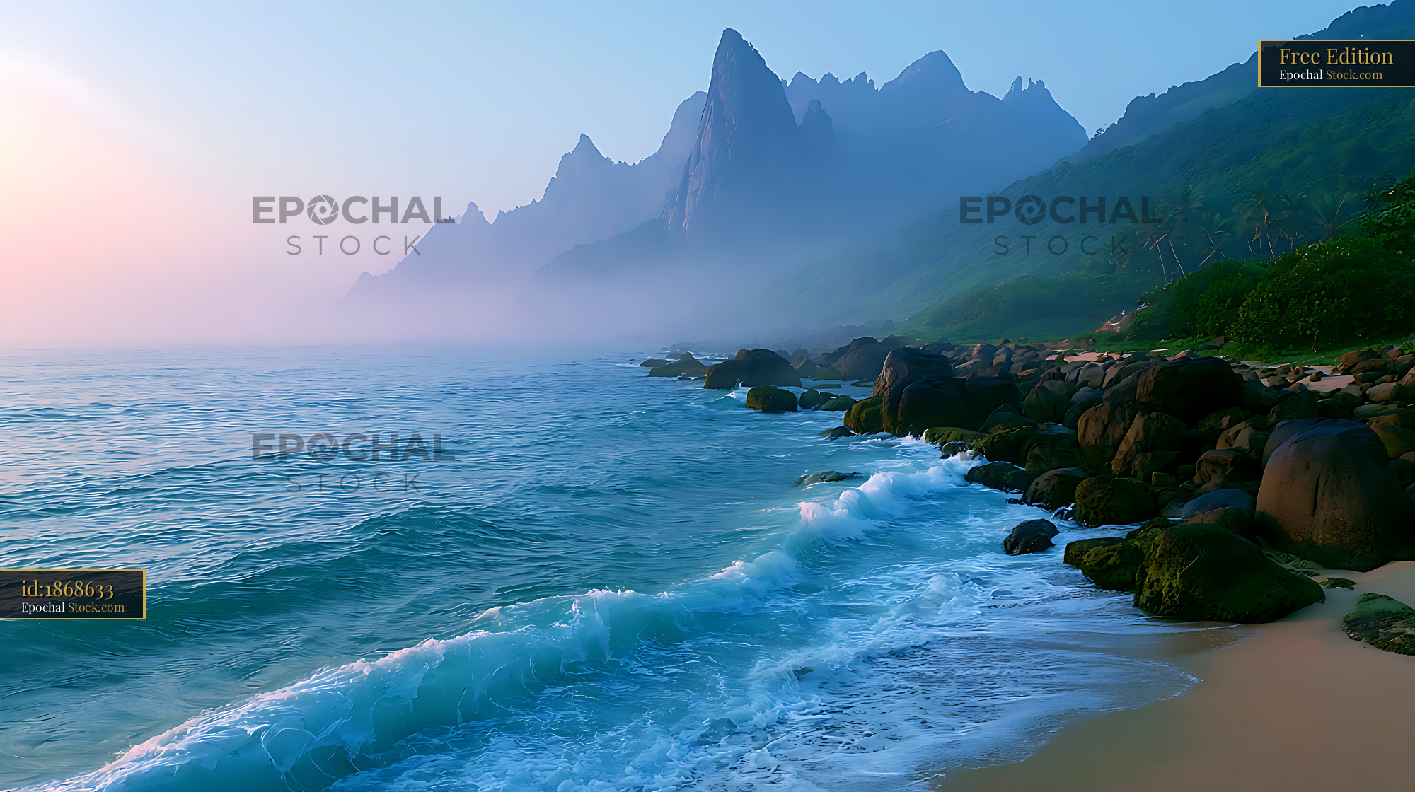 Misty volcanic ridge coast with turquoise waves at dawn - stock photo