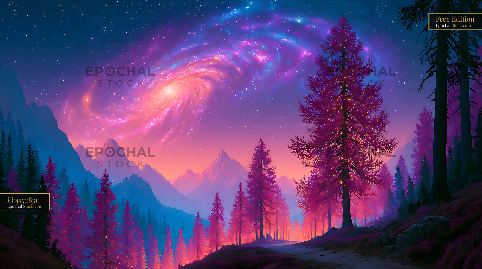 Spiral galaxy over a row of glowing larch trees in alpine mountains - stock photo