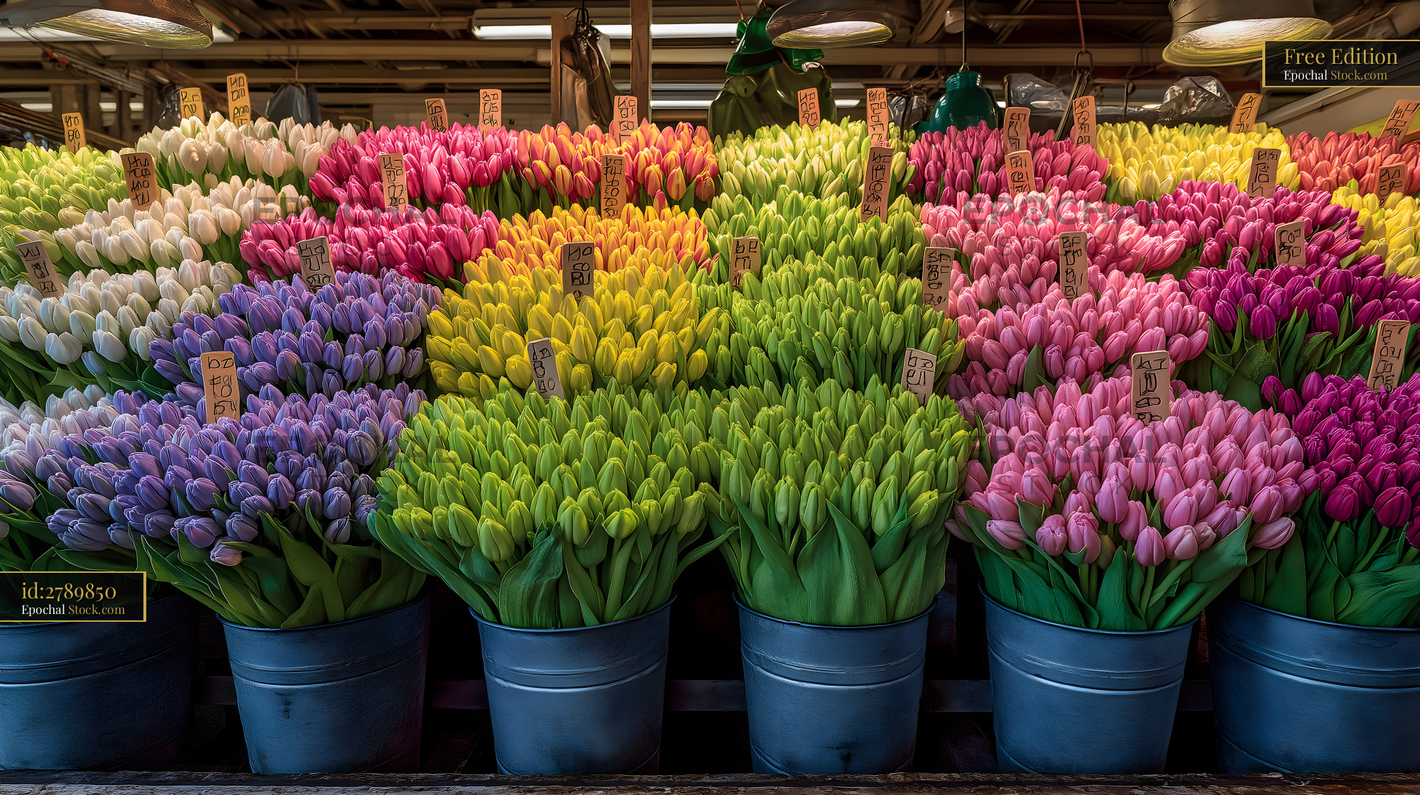 Colorful flowers arranged in pots at a market during spring Free Premium Stock Image