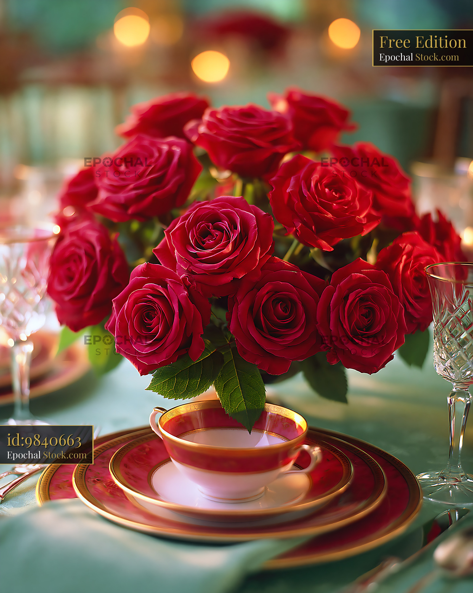 Elegant gala dinner table setting with a bouquet of red roses - stock photo