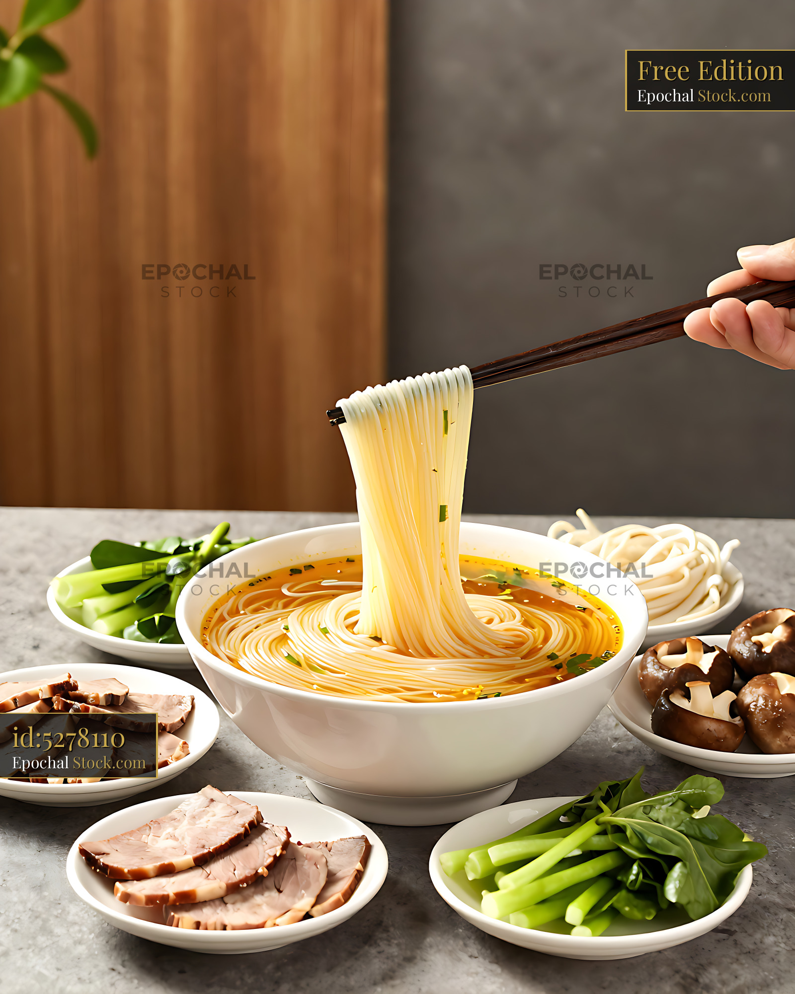 Hand lifting Guo Qiao Mi Xian rice noodles with chopsticks - stock photo
