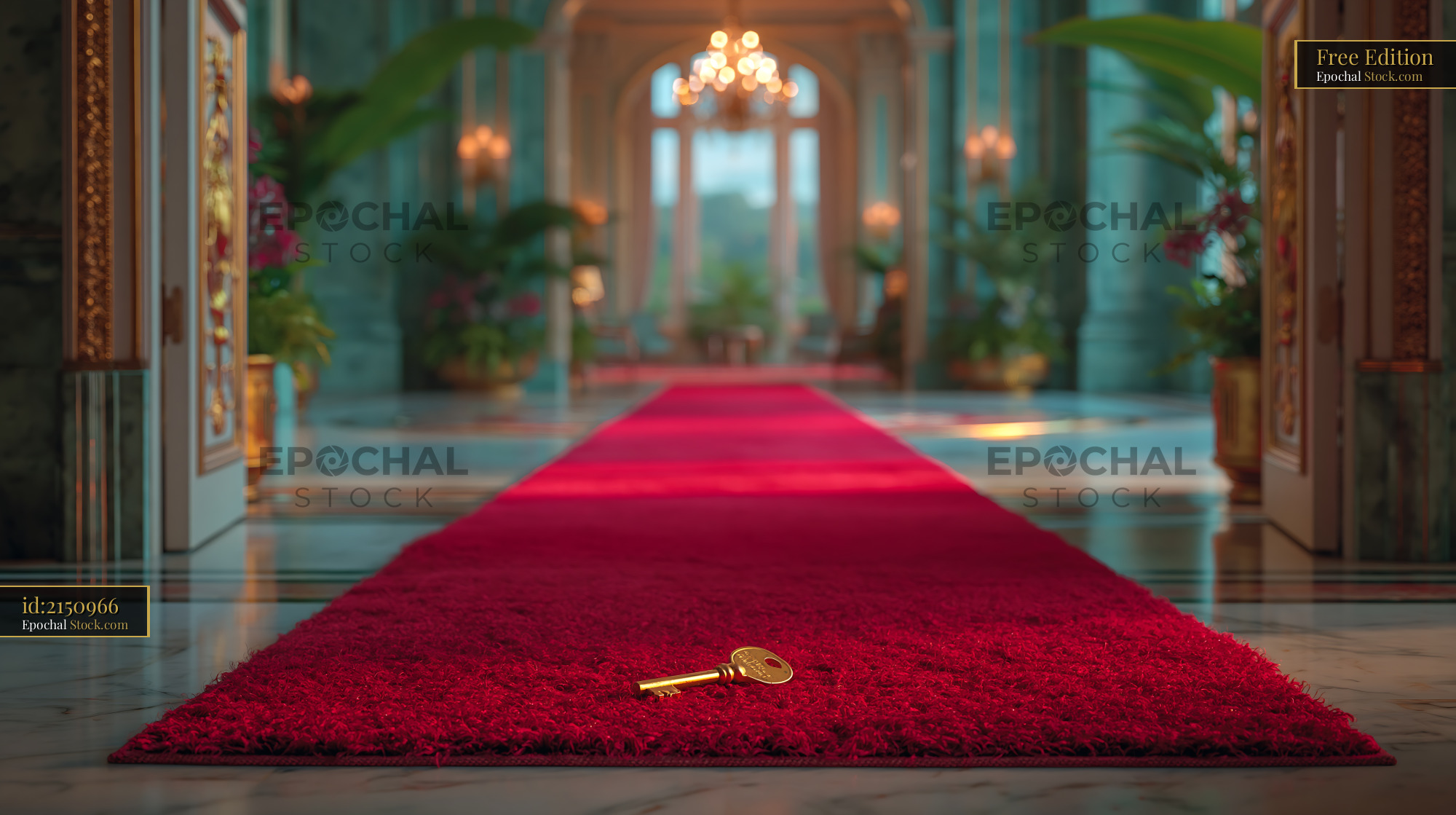 Golden key lying on a plush red carpet in a grand luxury hotel lobby - stock photo