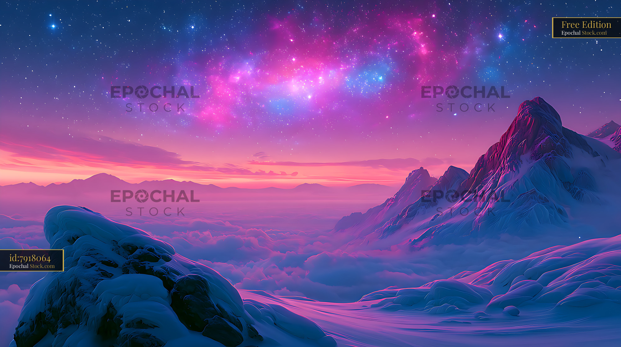 Galactic core over snowy mountain peaks above a sea of clouds - stock photo