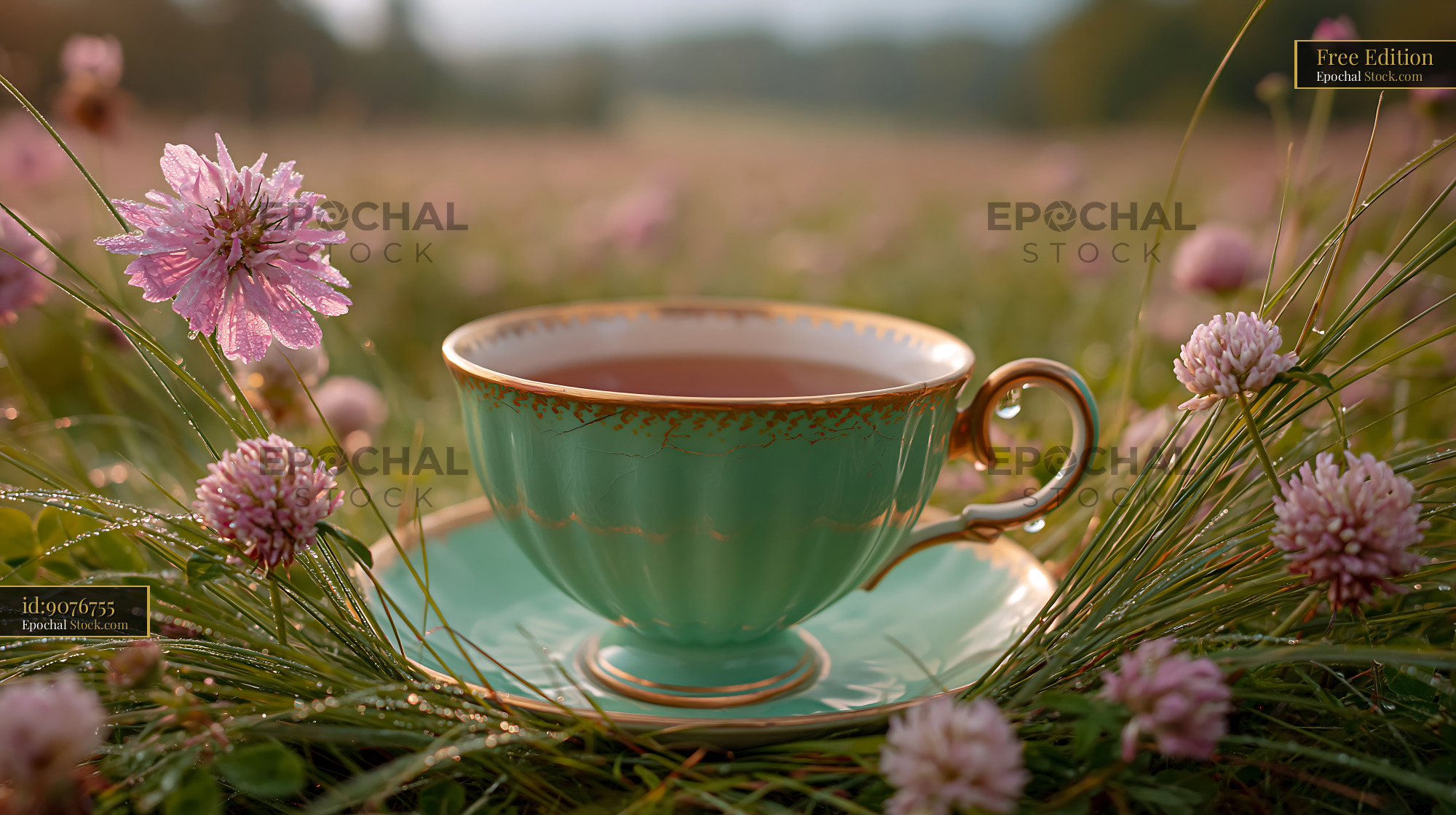 Vintage mint green teacup in a blooming pink clover meadow at sunrise - stock photo