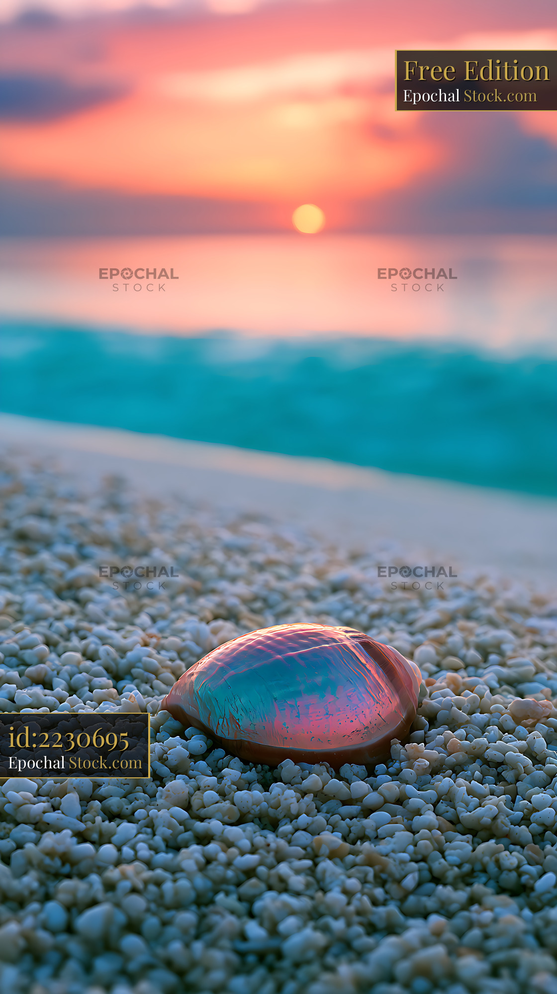 Iridescent seashell on coral sand at sunset on Bathway Beach
