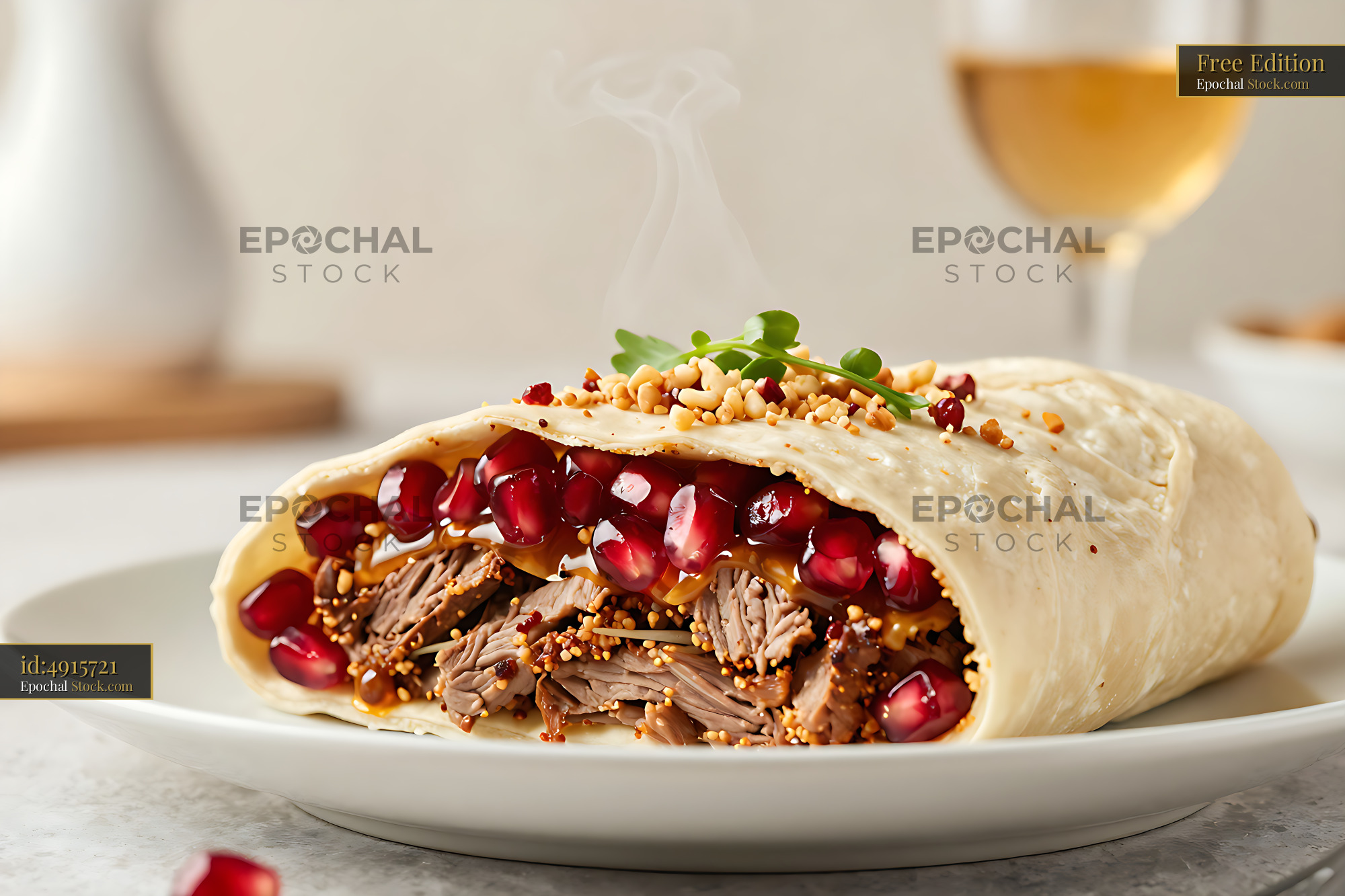 Iraqi-style lahm bi ajeen roll with pulled meat and pomegranate - stock photo