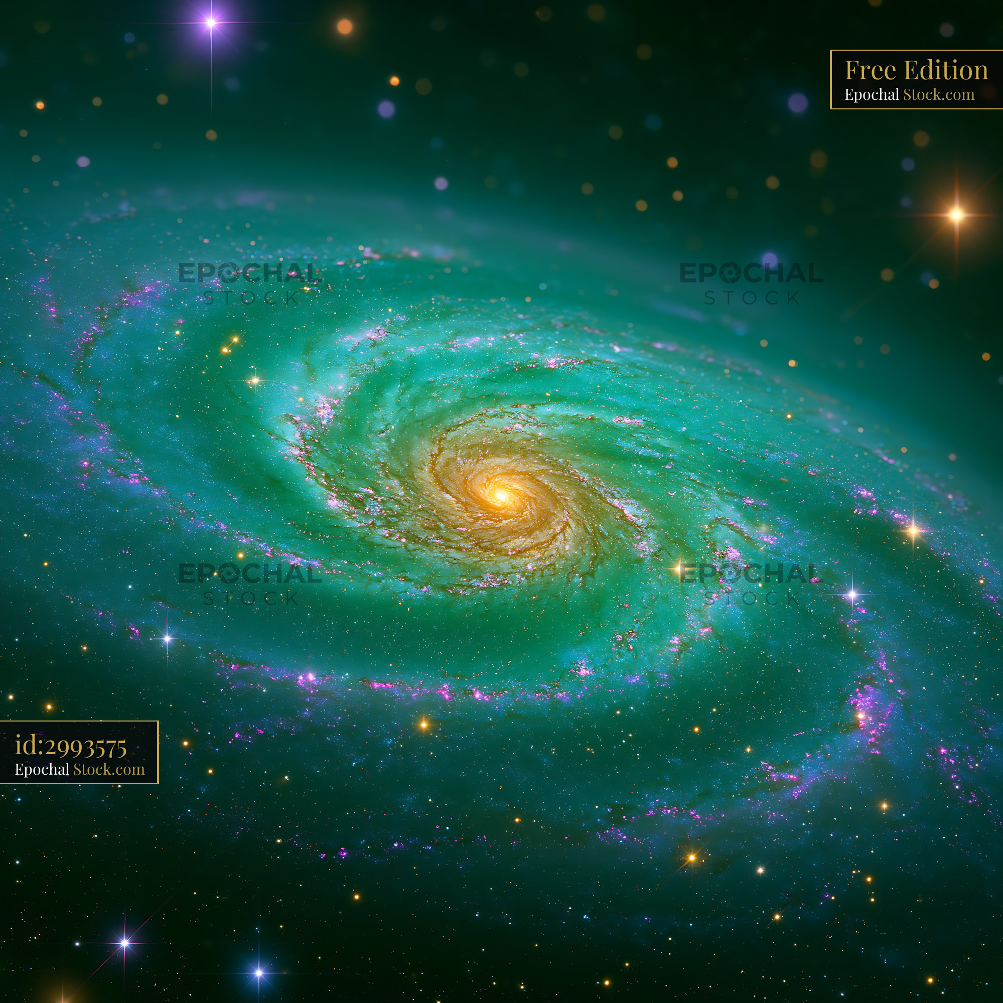 Stylized M86 elliptical galaxy with vibrant teal spiral arms and stars - stock photo