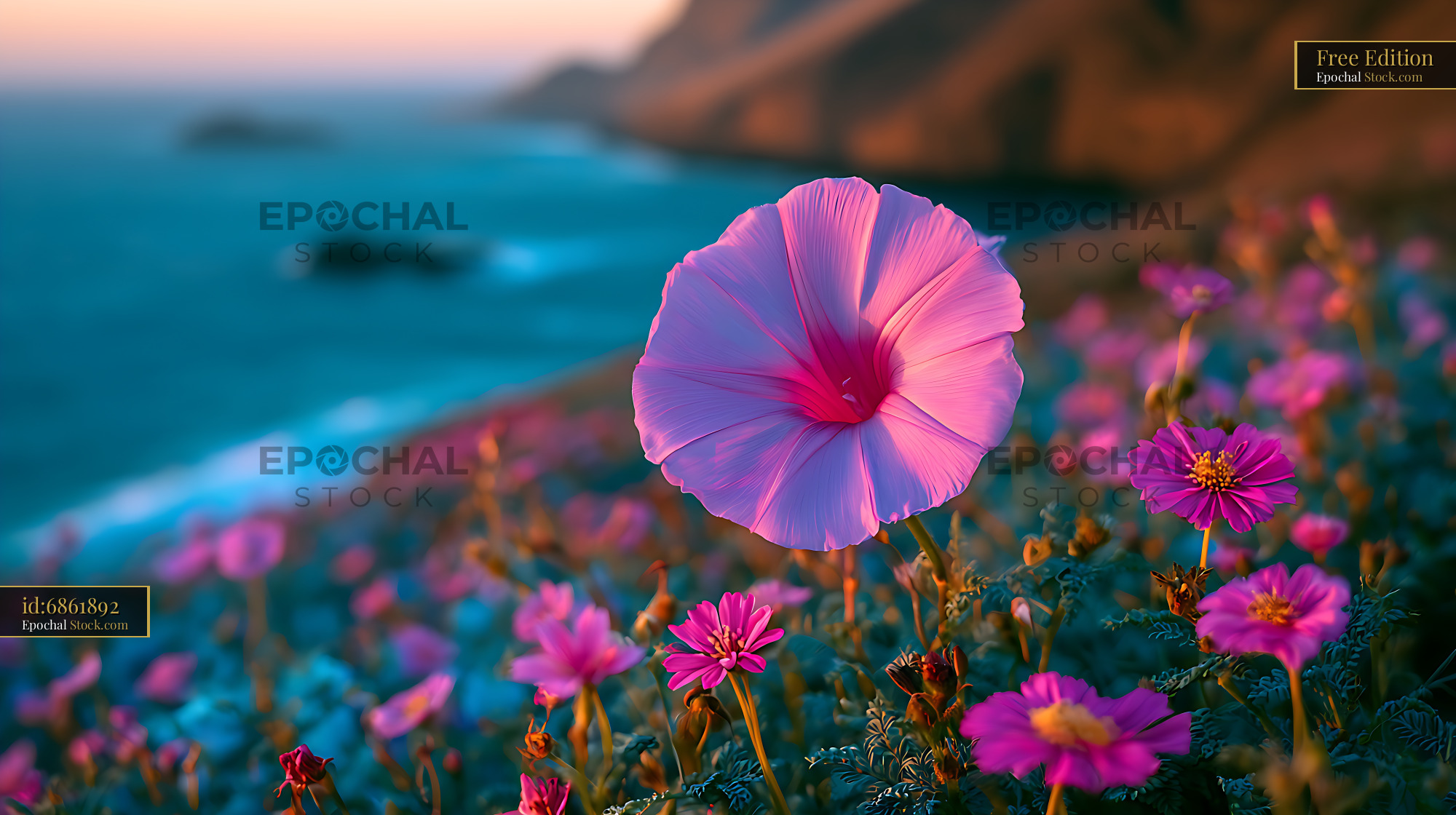 Vibrant Cape Verde morning glory on a cliff overlooking the ocean - stock photo