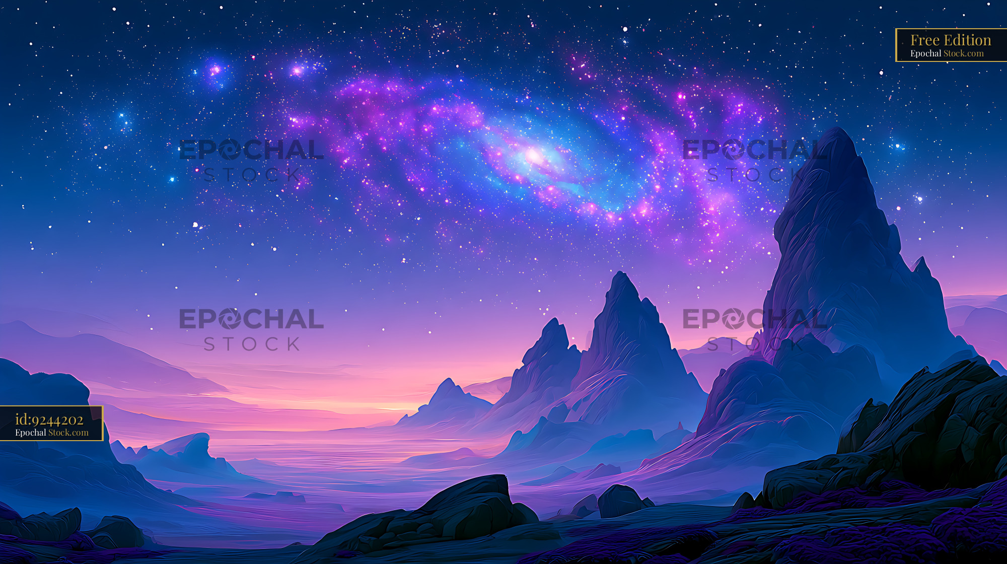 Vibrant galactic core over karst rock outcrops in a fantasy landscape - stock photo