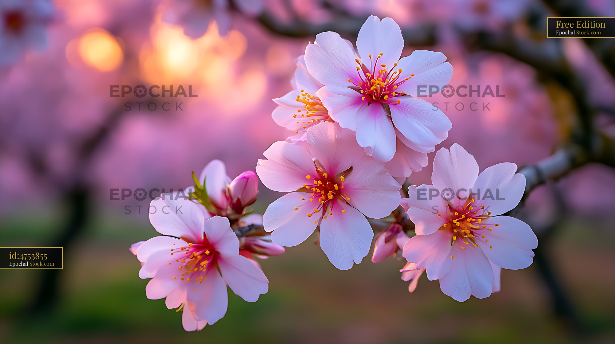 Pink almond blossoms in a Spanish orchard at sunset - stock photo