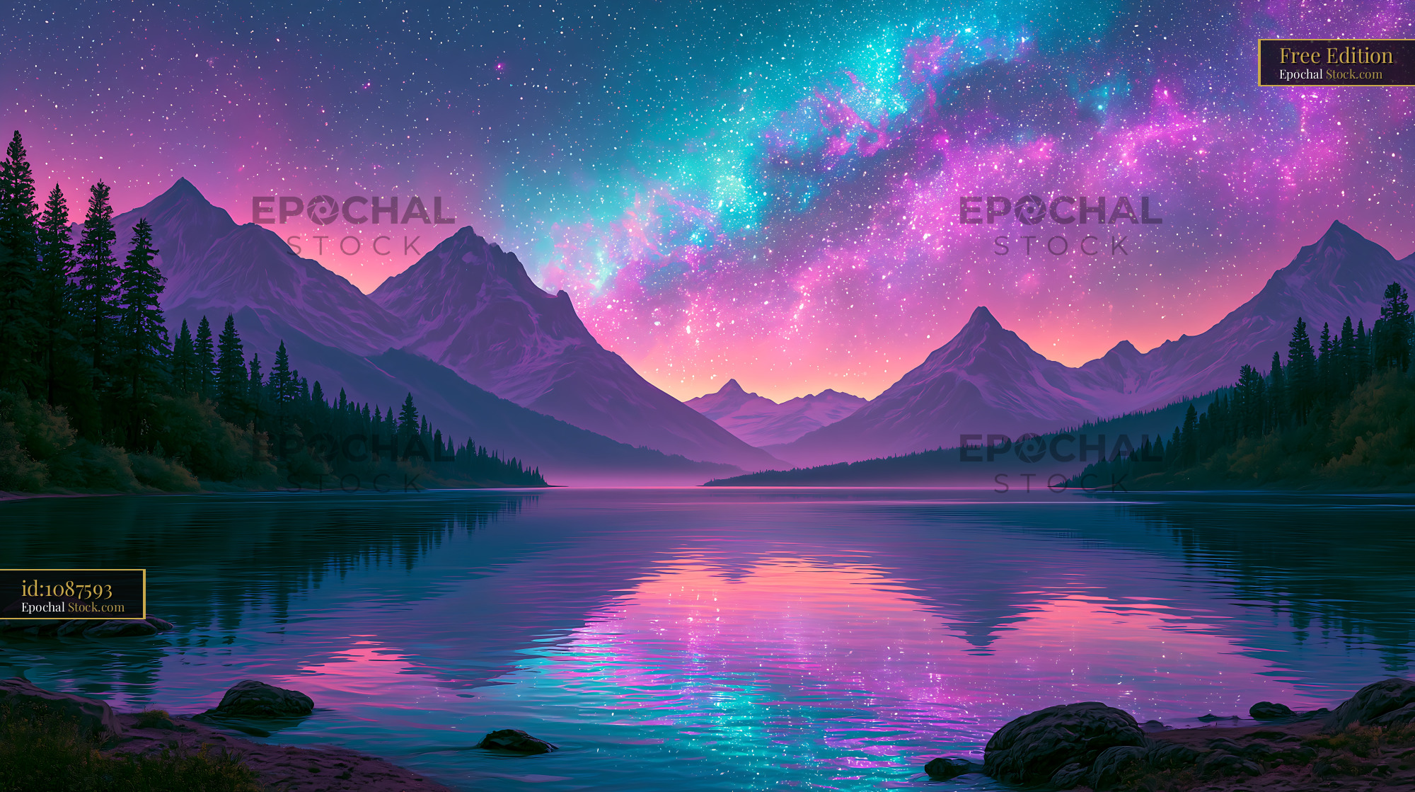 Vibrant Milky Way over calm lake and mountains at Olympic coast night - stock photo
