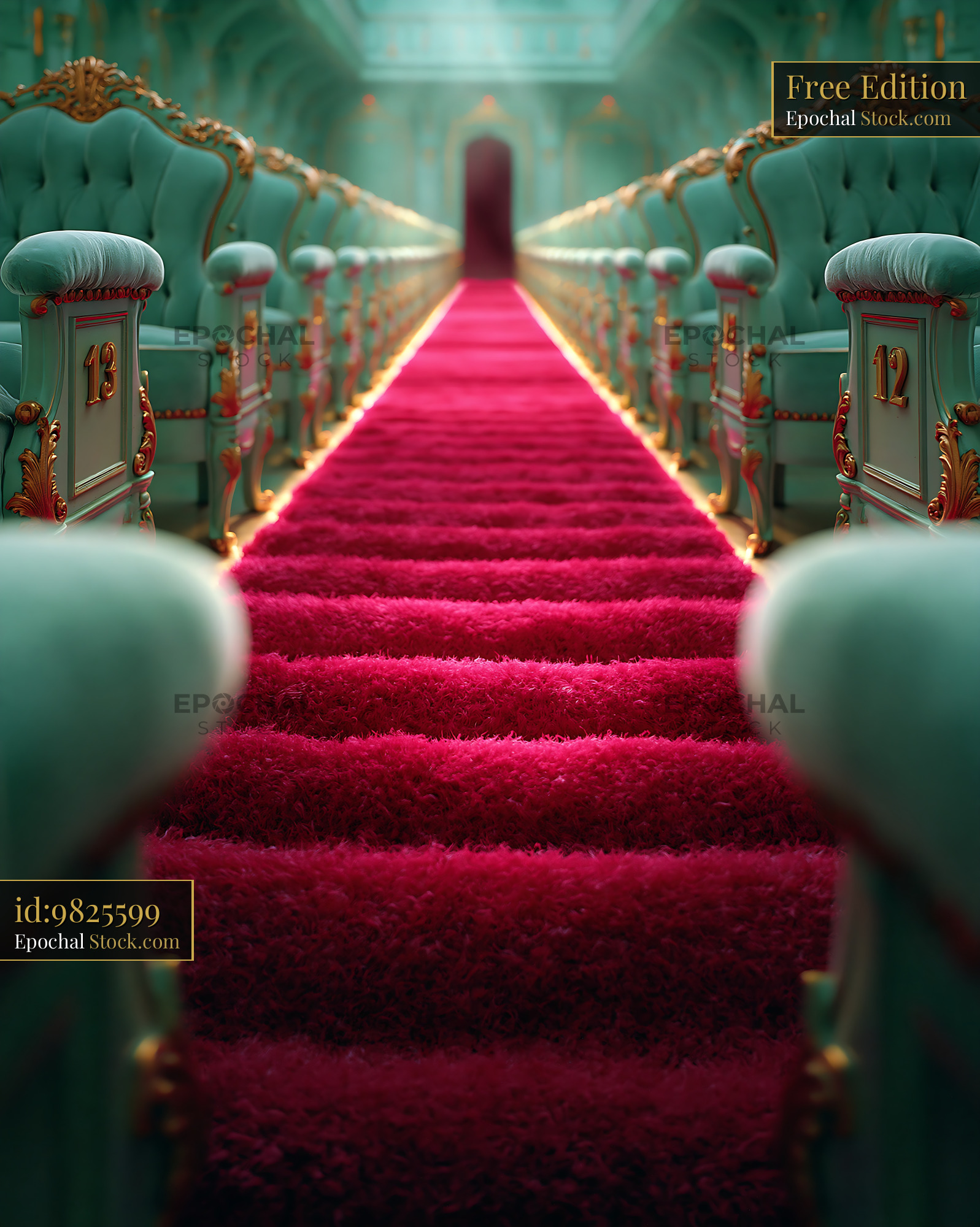 Empty theater aisle with red carpet and luxurious teal velvet seats - stock photo
