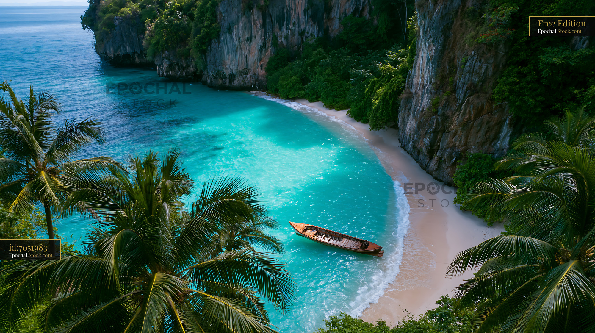 Wooden boat floating in a secret white sand lagoon at Phi Phi Islands - stock photo