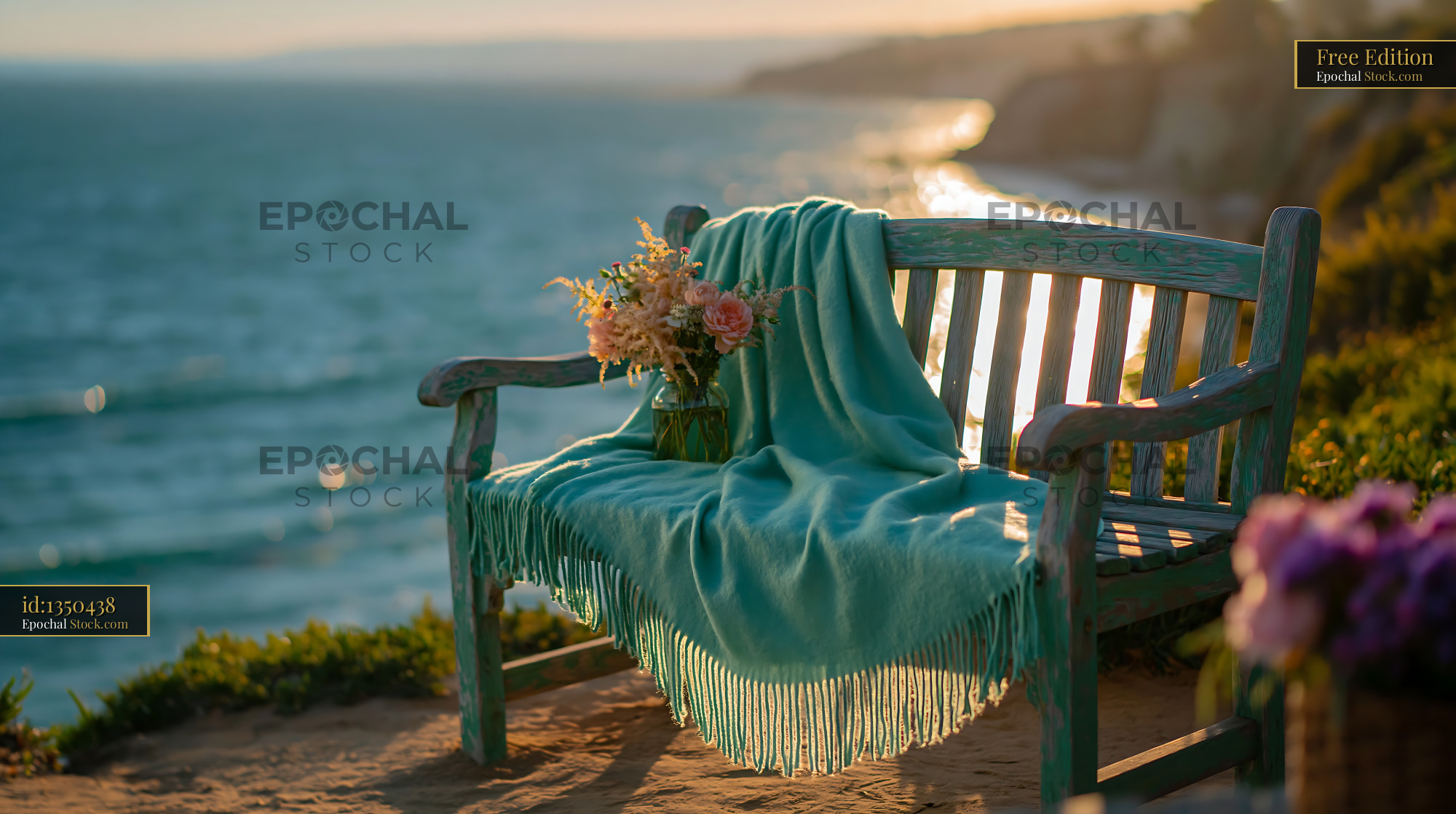 Cottage garden bench with blanket and flowers overlooking the ocean