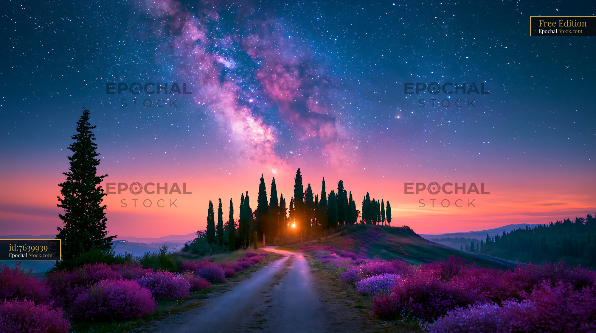 Milky Way over cypress trees and lavender fields at night in Andalusia - stock photo