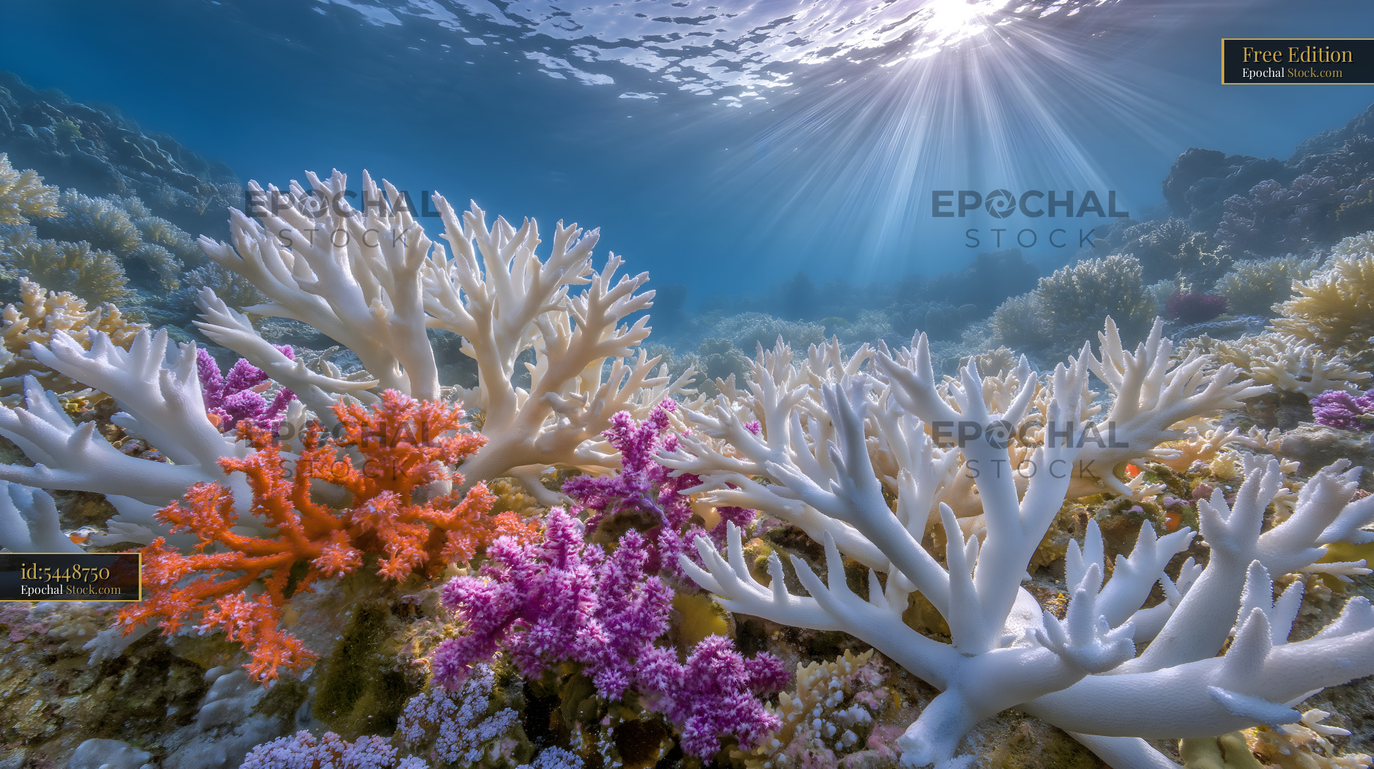 Coral reef with colorful corals and sunrays underwater Free Premium Stock Photo