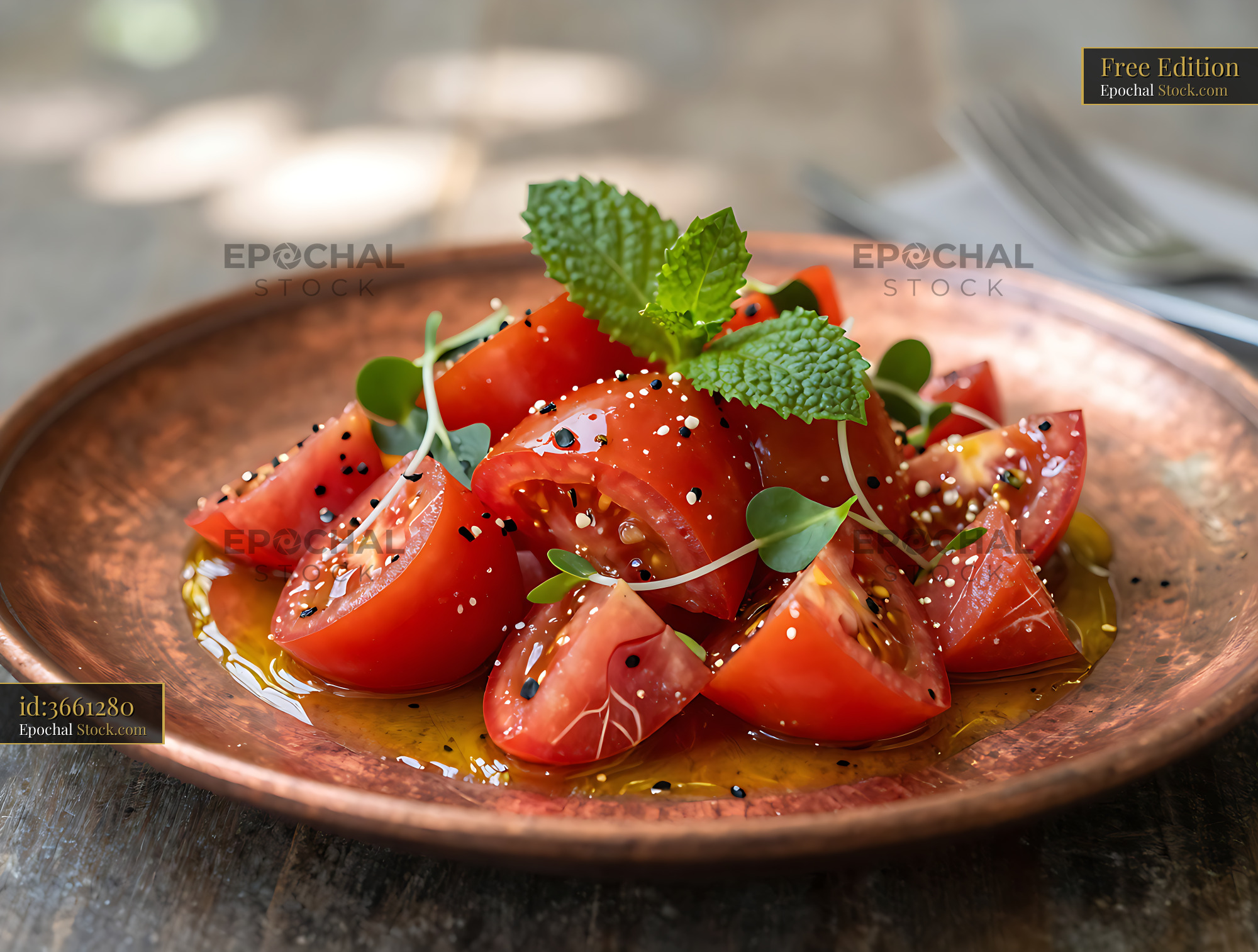 Jordanian Galayet Bandora Cold tomato salad on a rustic copper plate - stock photo