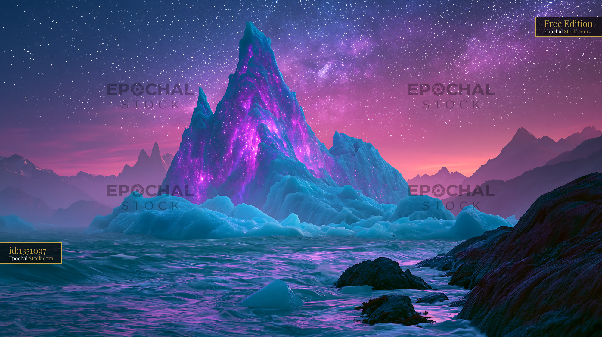 Glowing crystalline mountain in a highland loch at night under stars - stock photo