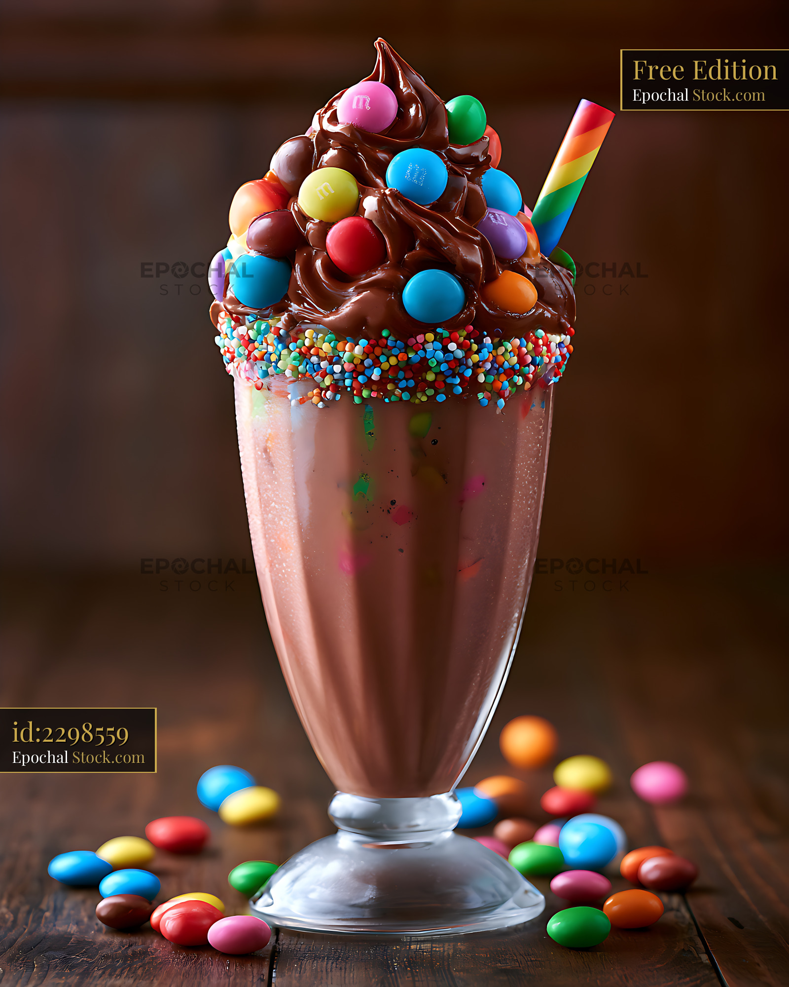 Rich chocolate milkshake topped with colorful candy and rainbow straw - stock photo