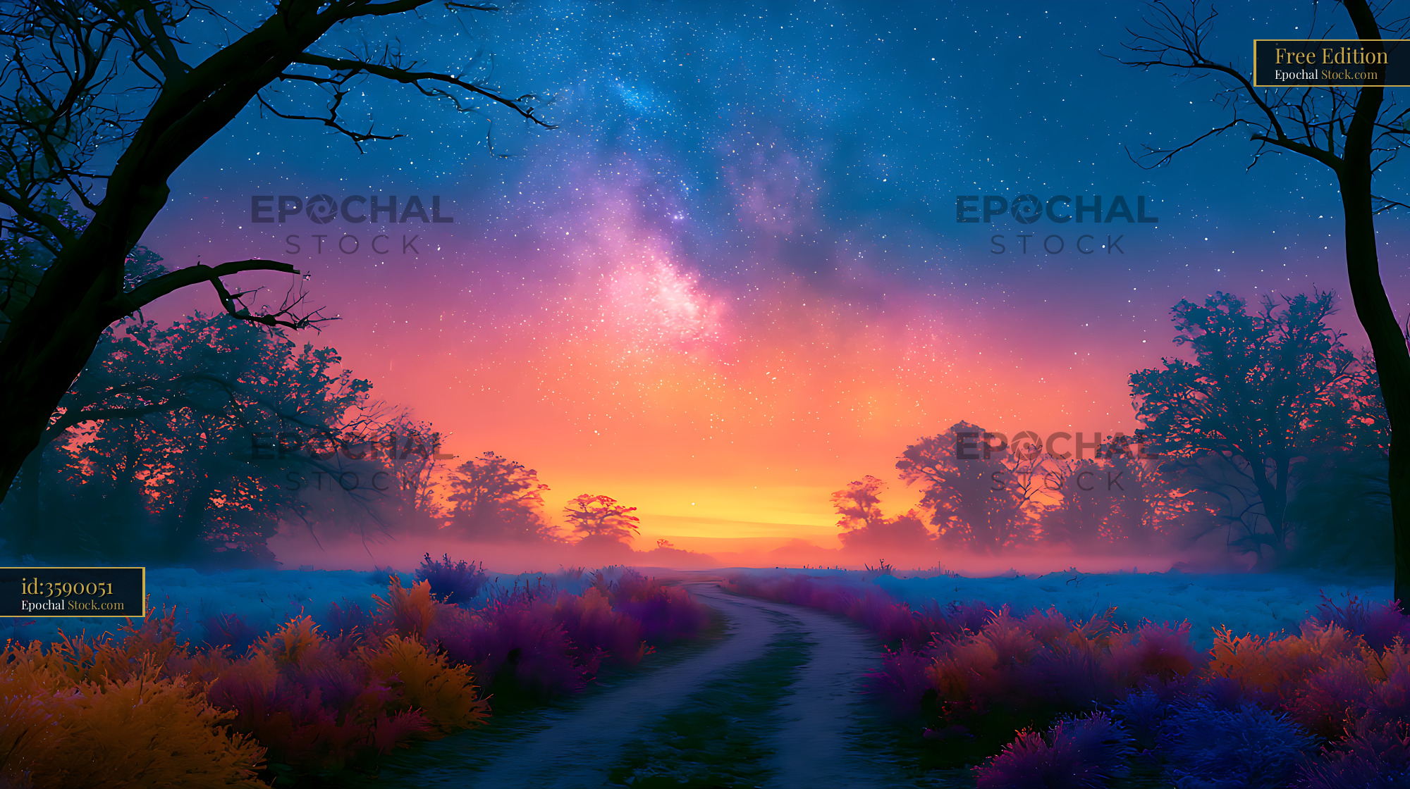Galactic core over a deserted meadow path at twilight