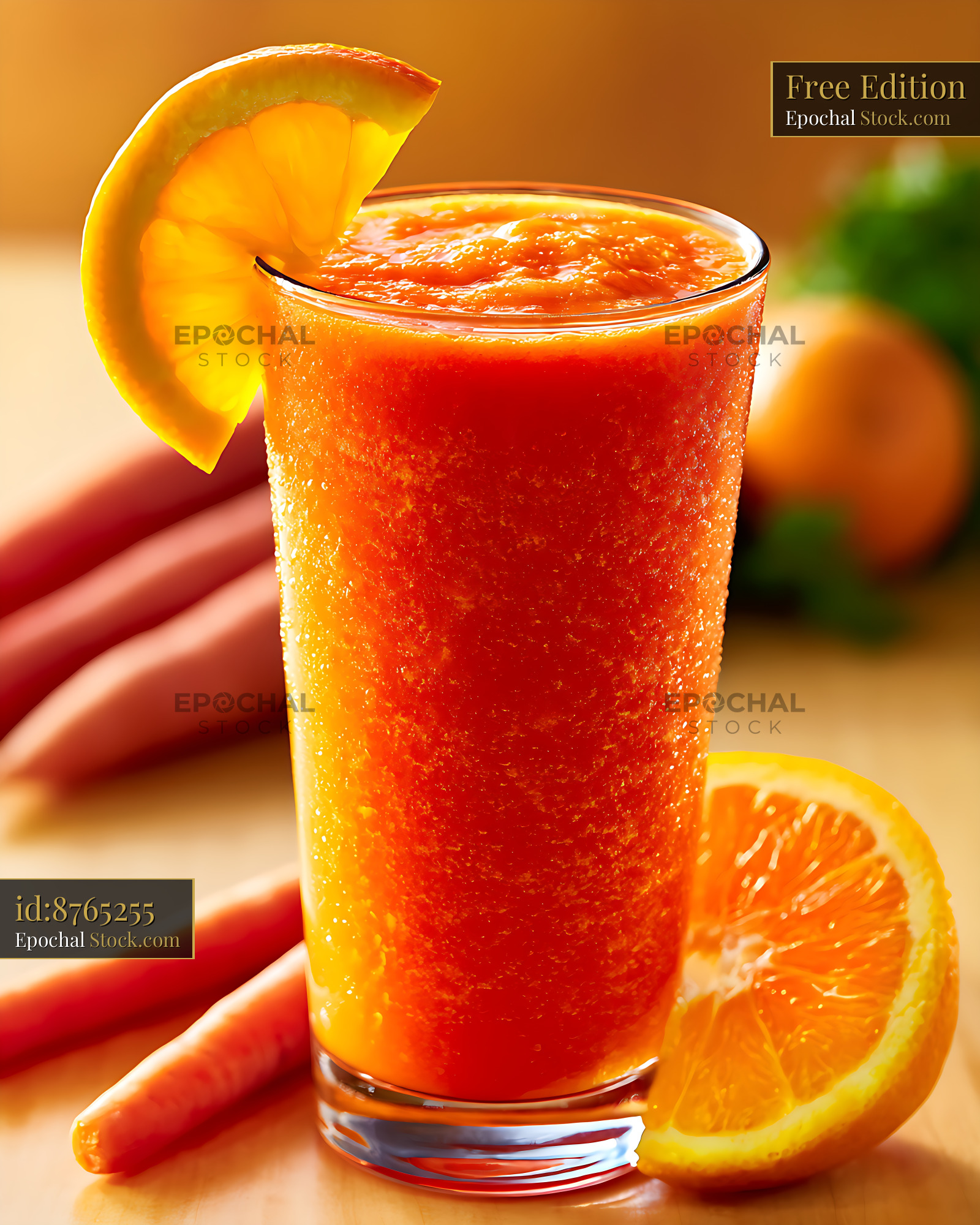 Fresh carrot orange smoothie in a glass with fruit garnish - stock photo