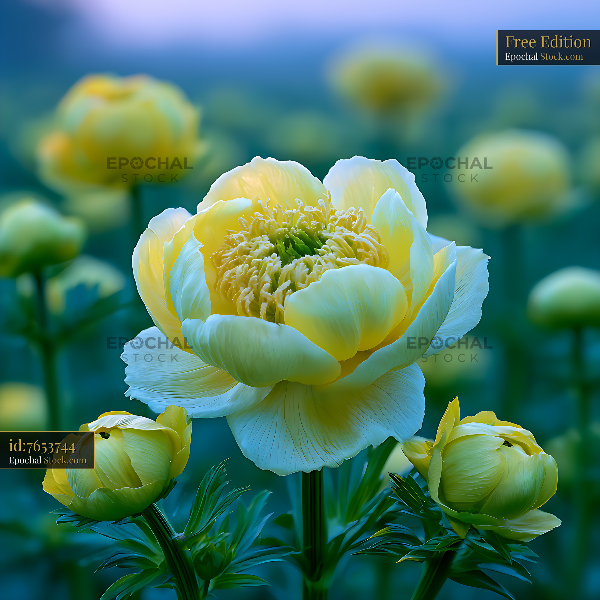 Yellow alpine globeflower buttery globe in a soft mountain meadow - stock photo
