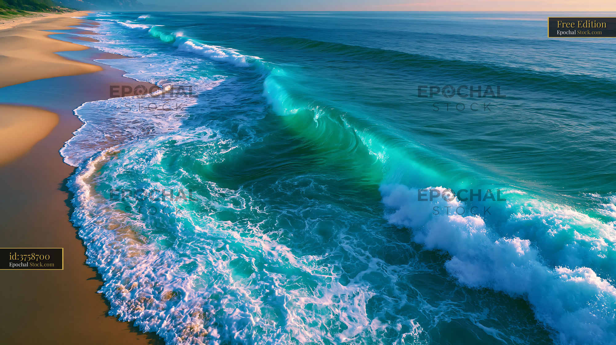Powerful turquoise ocean waves crashing on a sandy beach at sunrise - stock photo