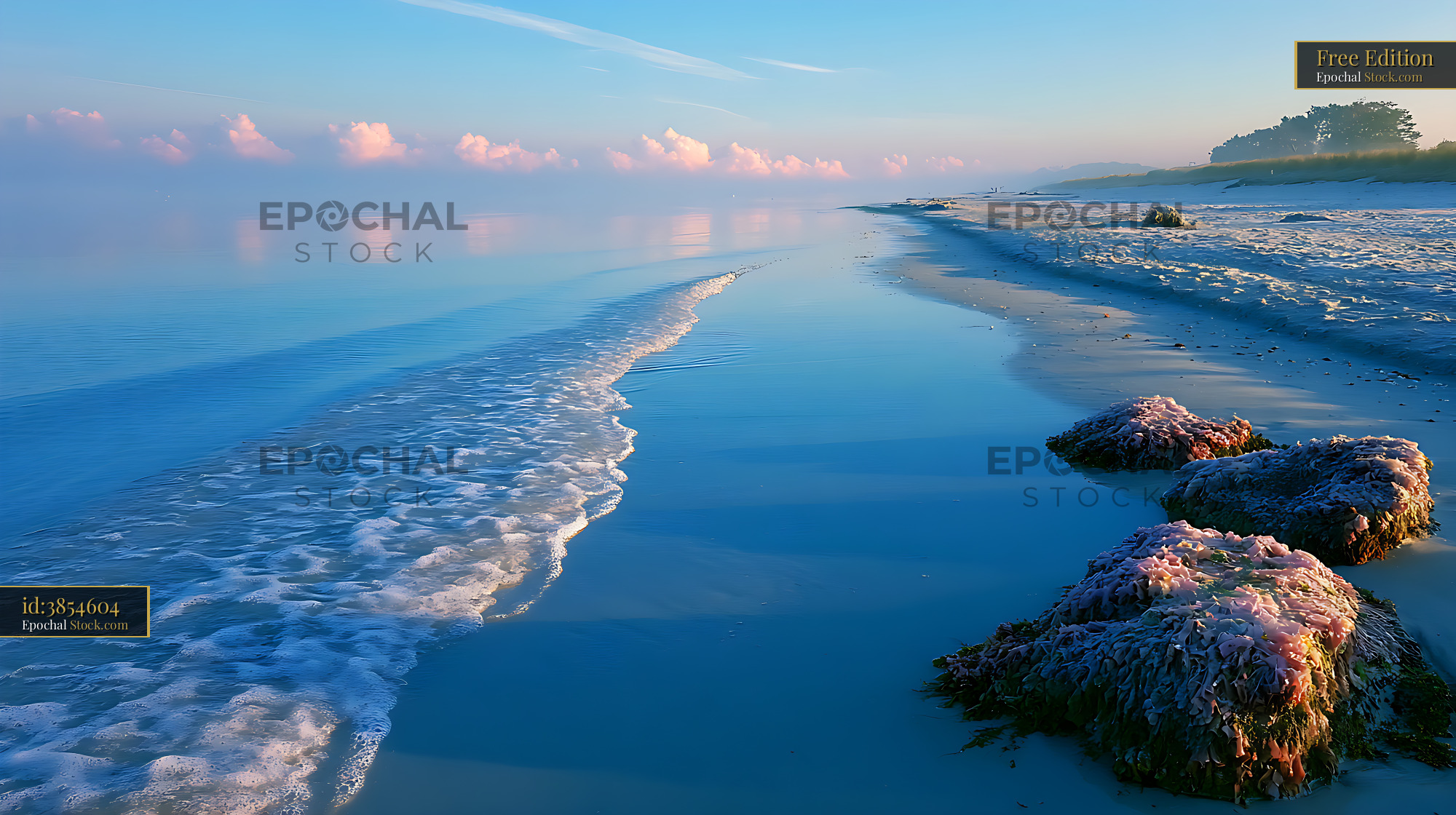 Empty beach at low tide with gentle waves and pink clouds at sunrise - stock photo