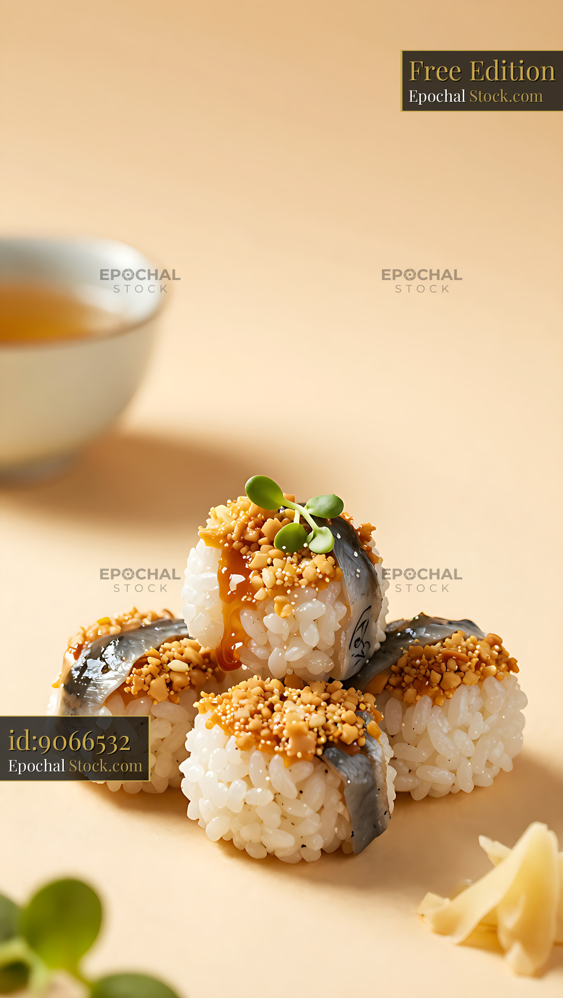 Kappa Maki Negi-style sushi balls with fish and crunchy topping - stock photo