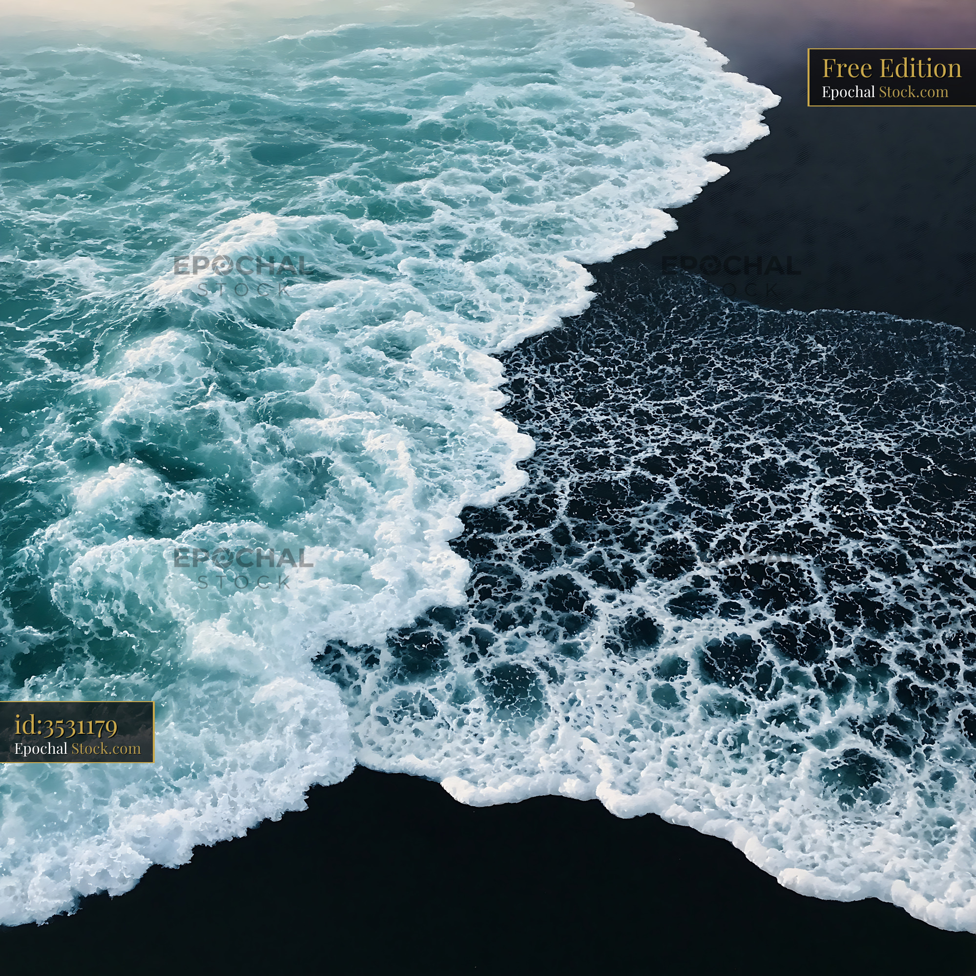 Turquoise ocean waves with white sunset foam art on black sand - stock photo