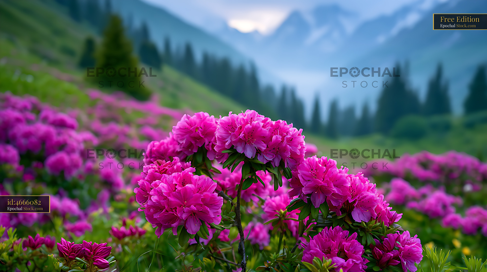 Vibrant pink rhododendron blooming in a misty alpine mountain valley - stock photo