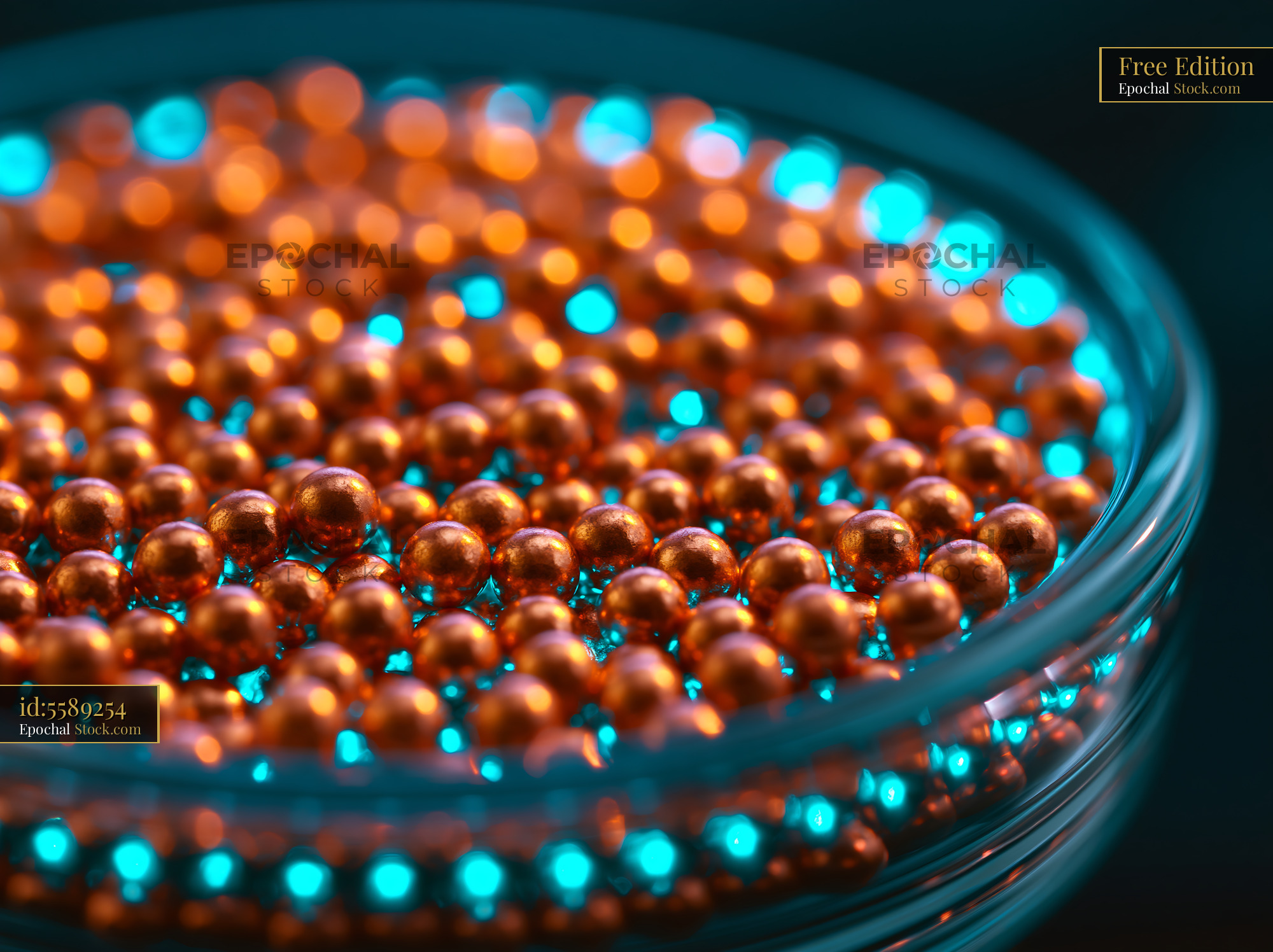 Macro view of copper his tag chelate spa beads in a petri dish