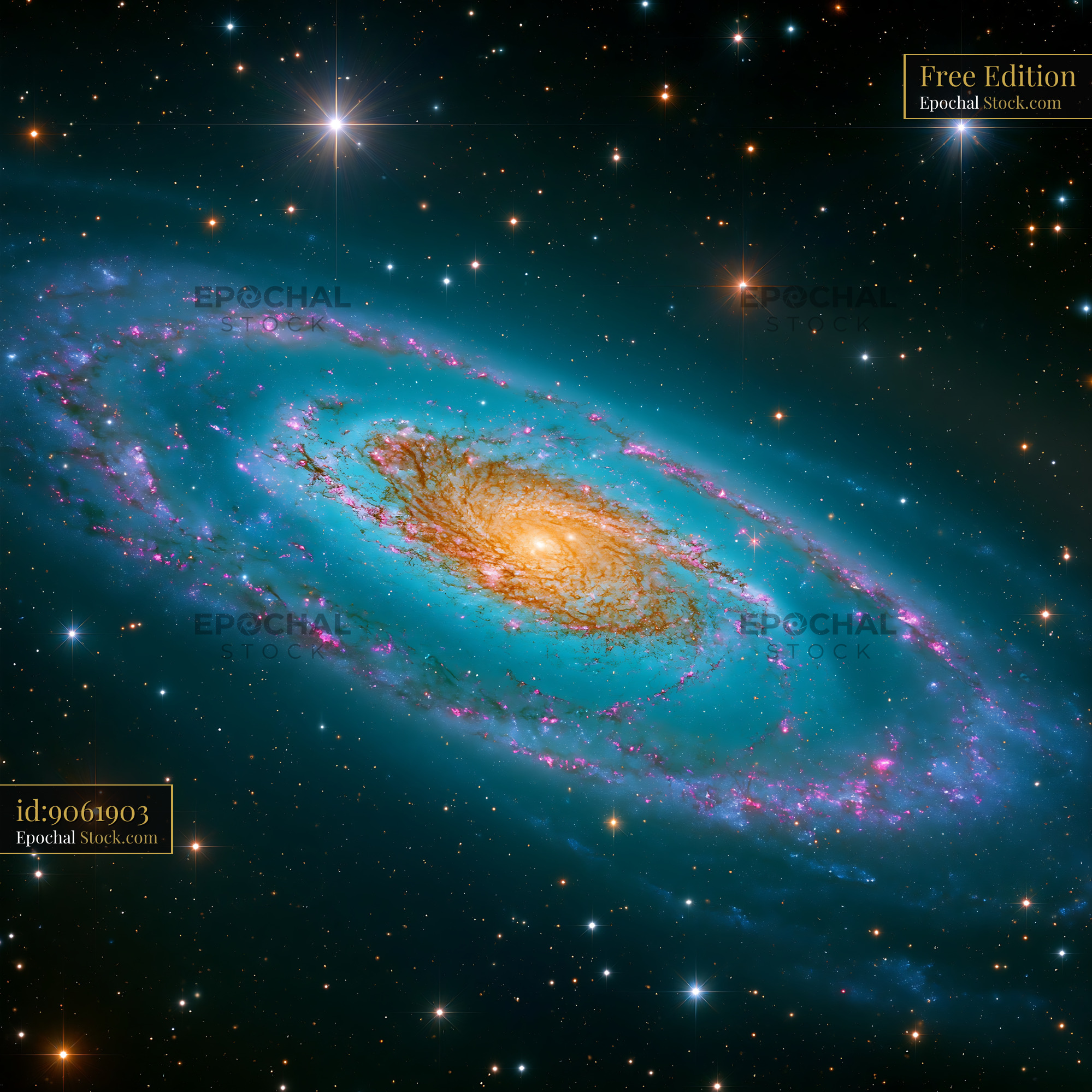 Spiral galaxy NGC 4565 needle with glowing orange core in deep space - stock photo