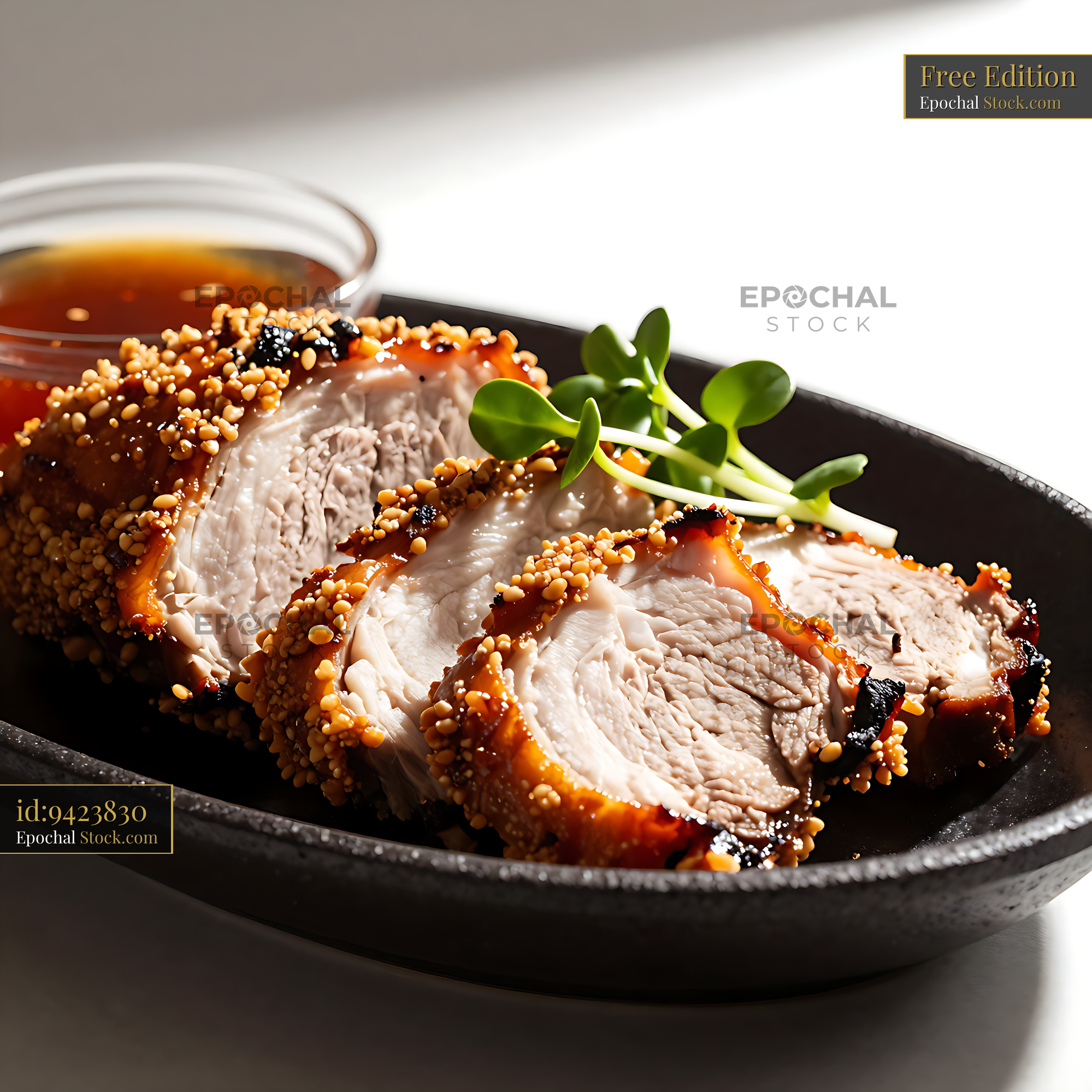 Sliced Visayan Lechon Cebu with crispy skin and dipping sauce - stock photo