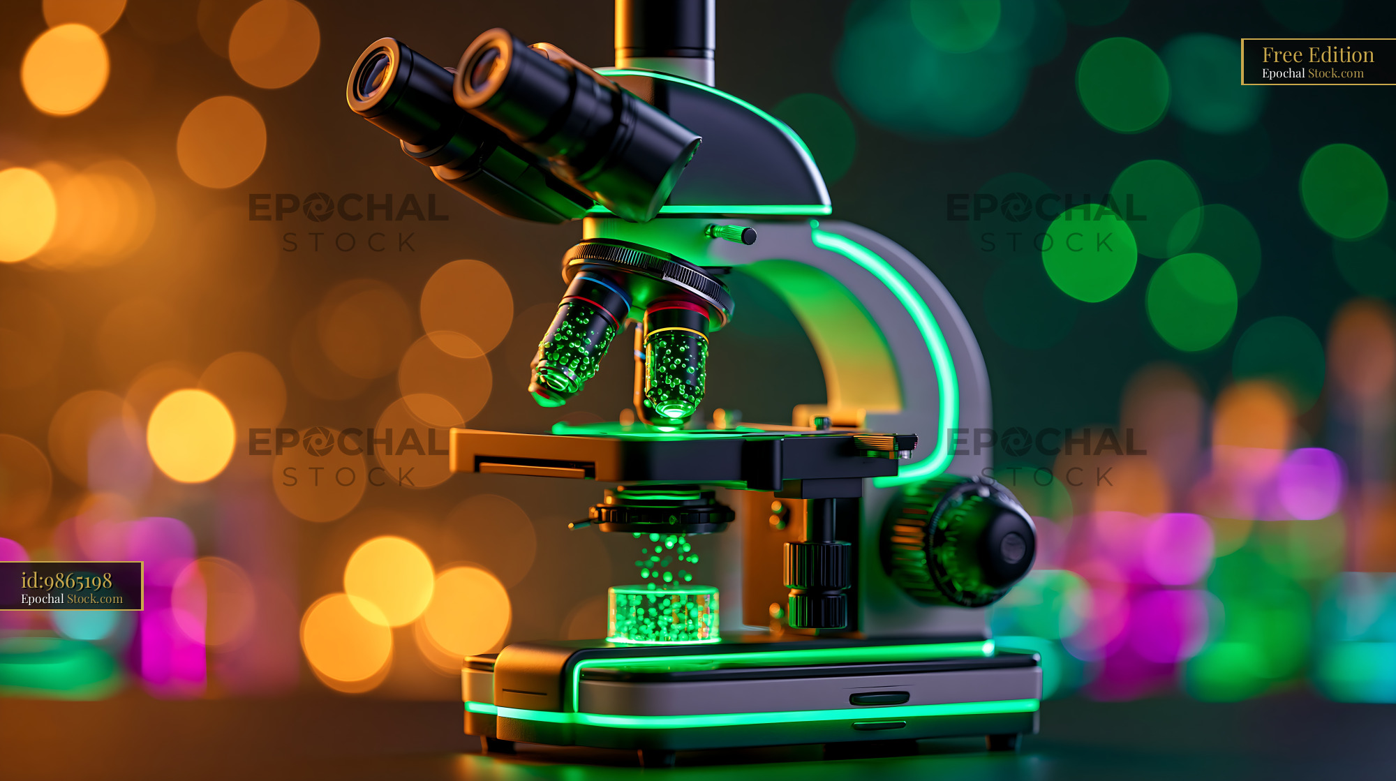 Microscope with green neon light for expansion microscopy research - stock photo