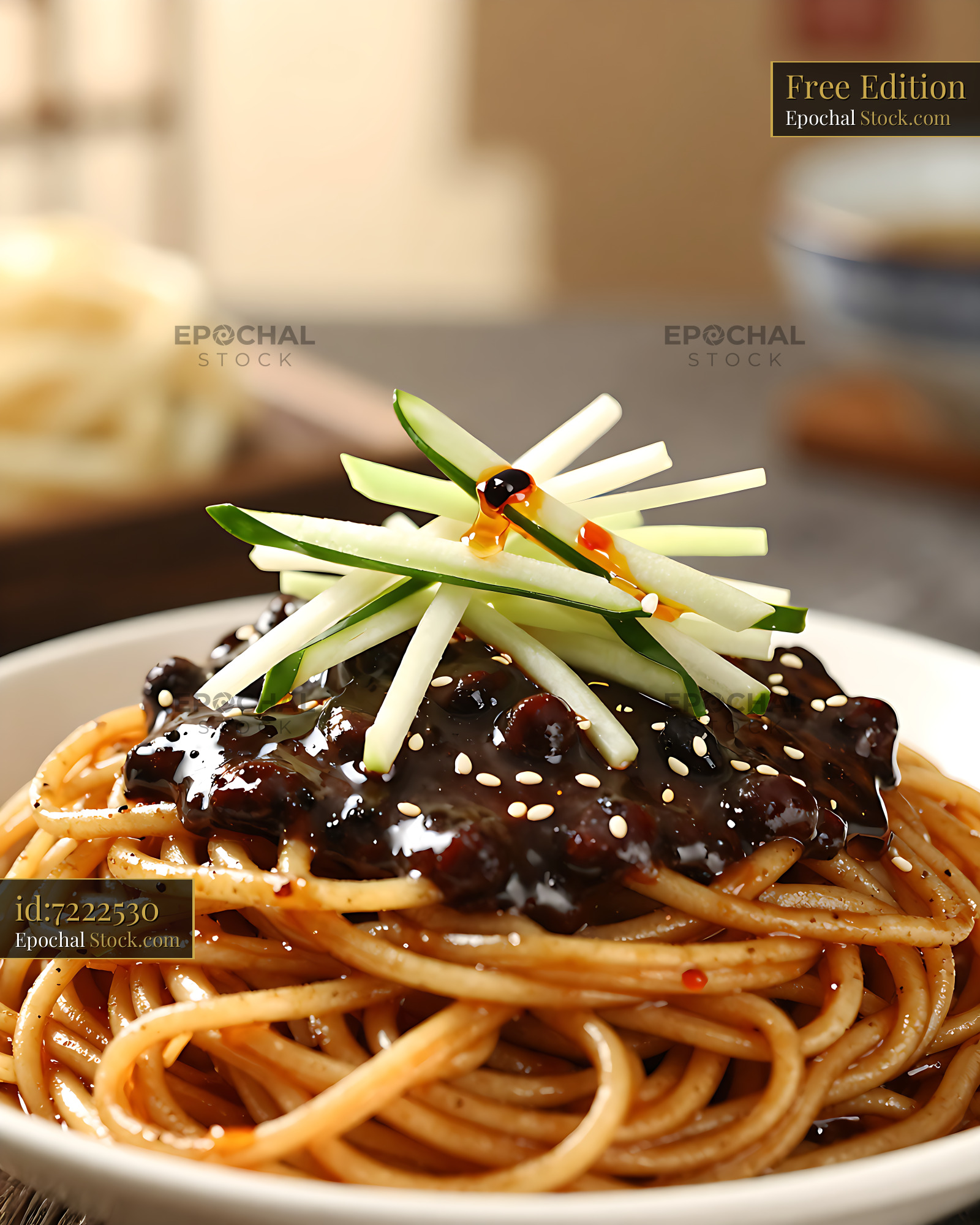 Traditional Lao Beijing Zha Jiang Mian with fresh cucumber strips - stock photo