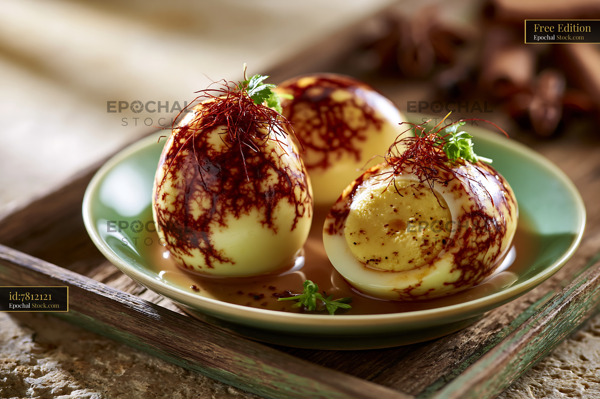 Marbled tea eggs with chili threads and spices on a green plate - stock photo