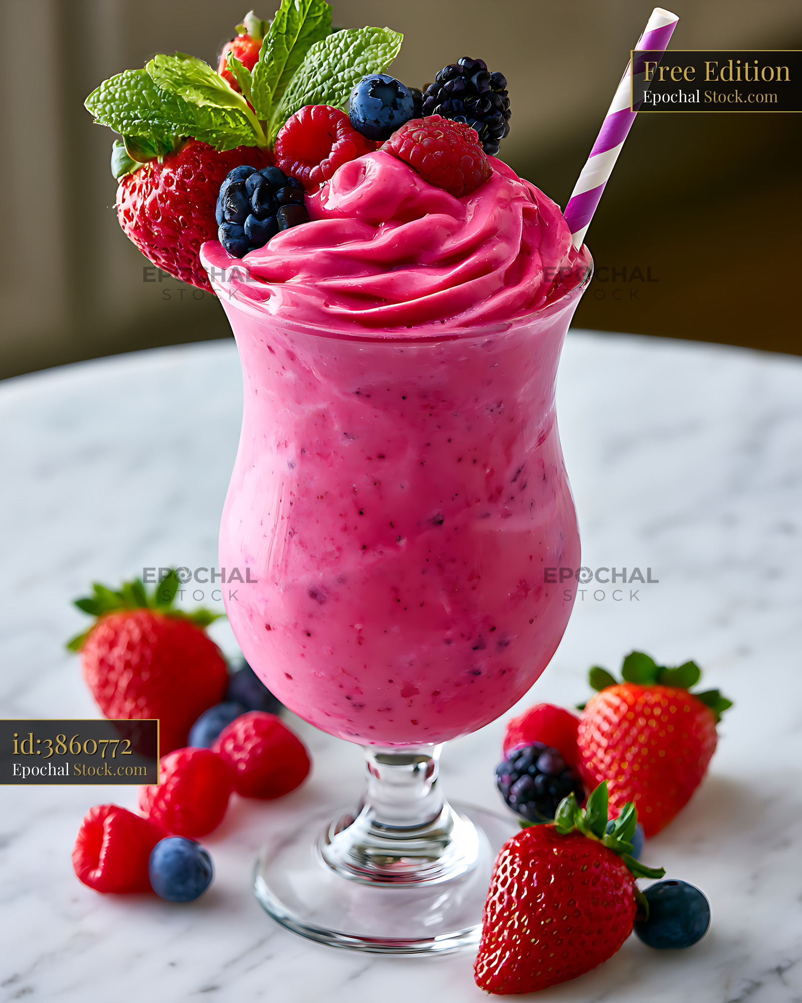 Creamy mixed berry milkshake topped with fresh fruit on marble table - stock photo