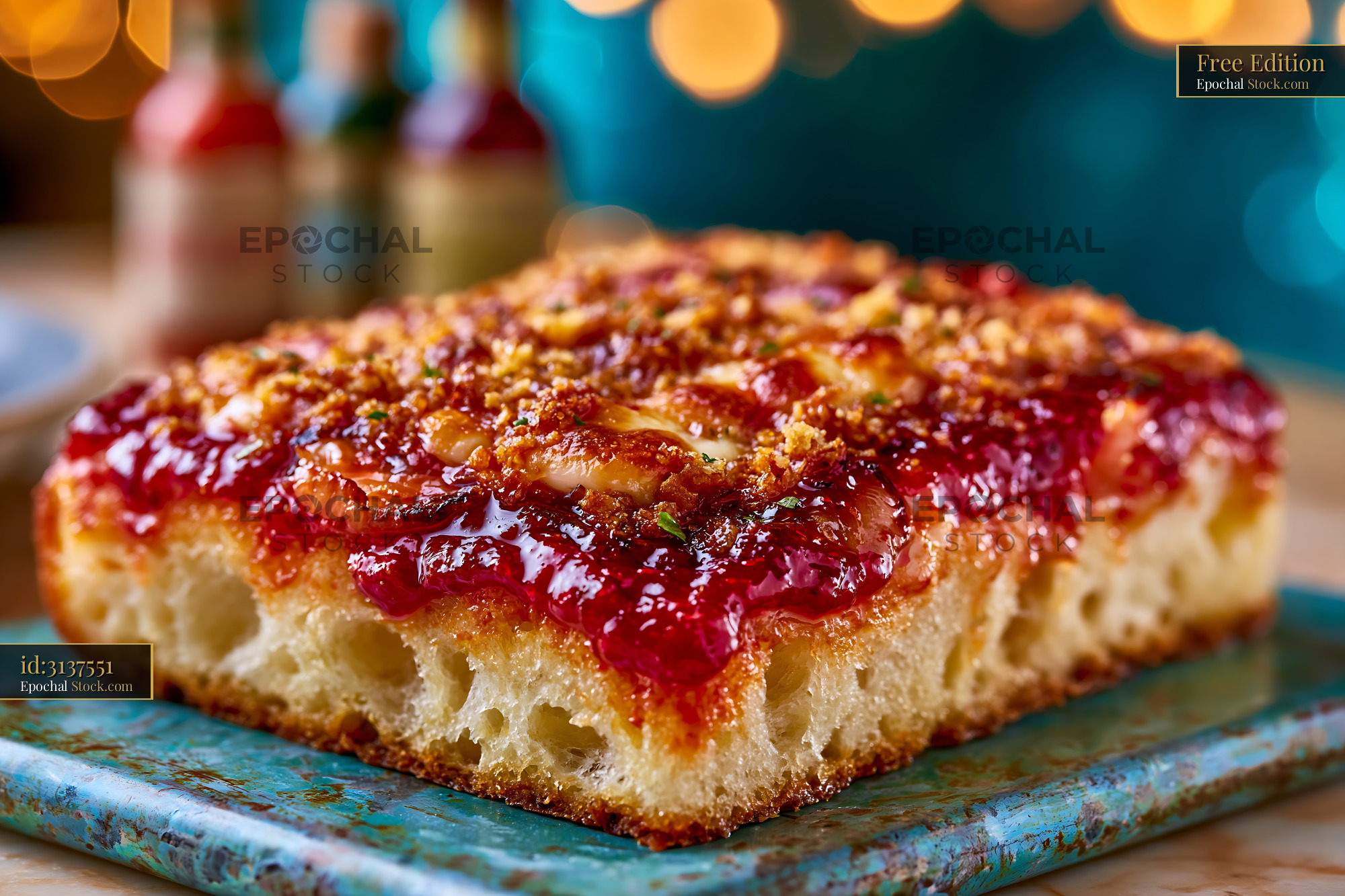 Slice of authentic Sicilian sfincione pizza with thick airy crust - stock photo
