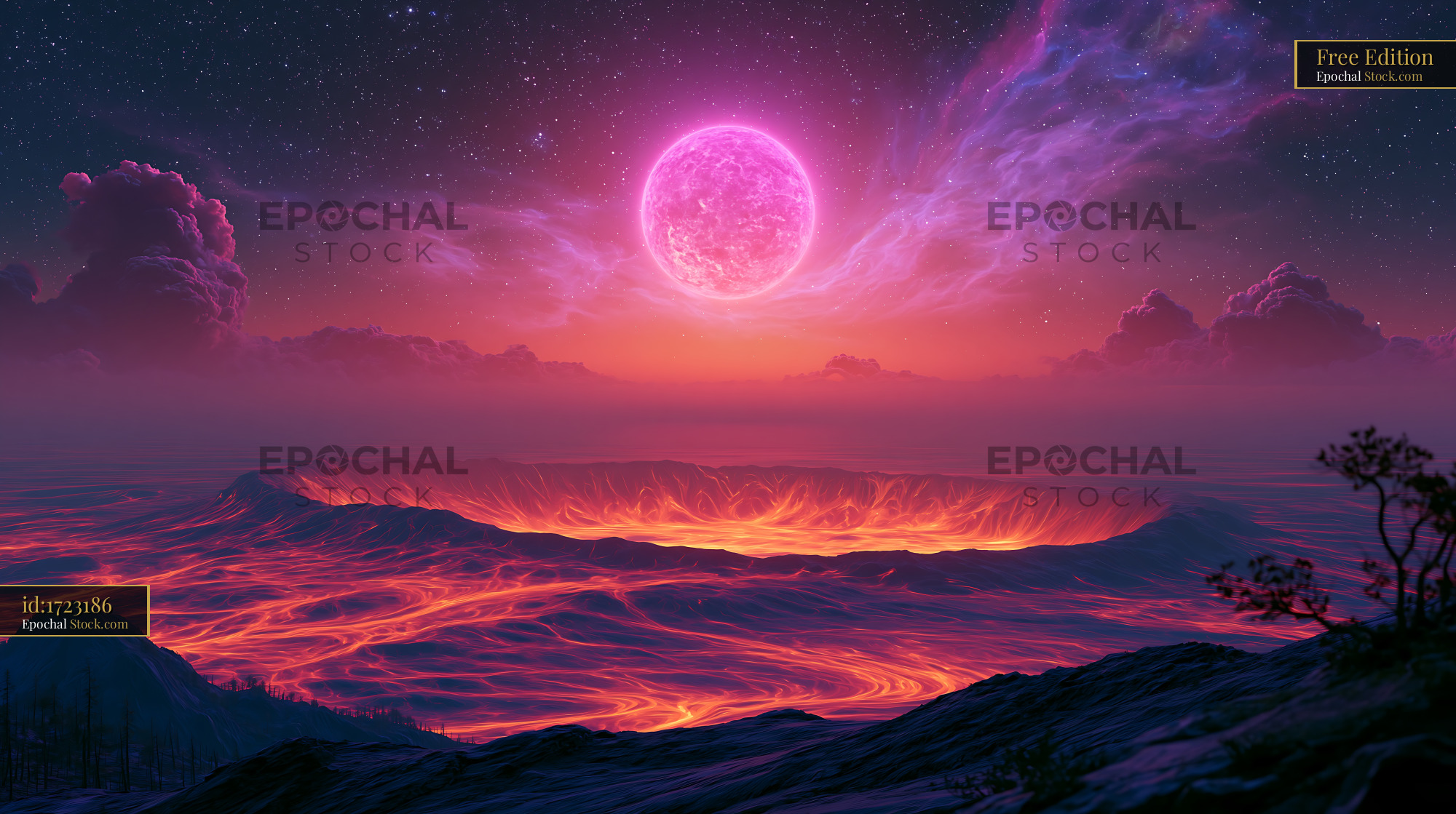 Alien volcanic landscape with twin stratovolcanoes under a pink sun - stock photo