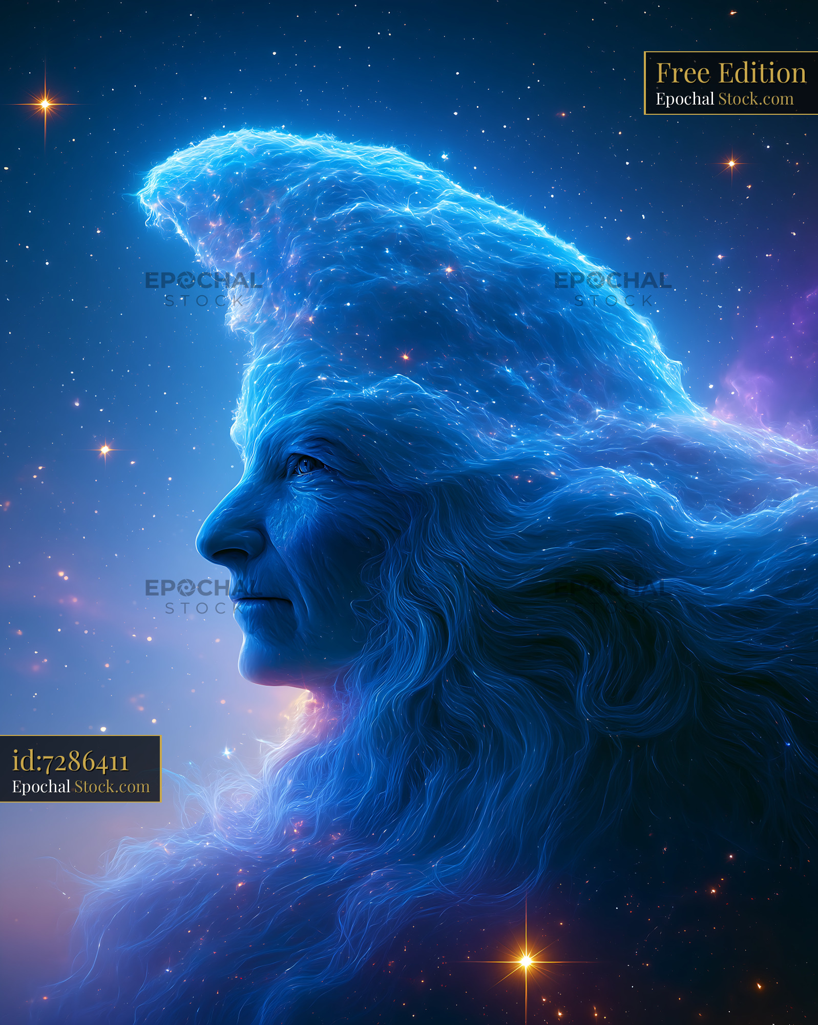 Celestial portrait of an elderly woman merged with blue nebula - stock photo