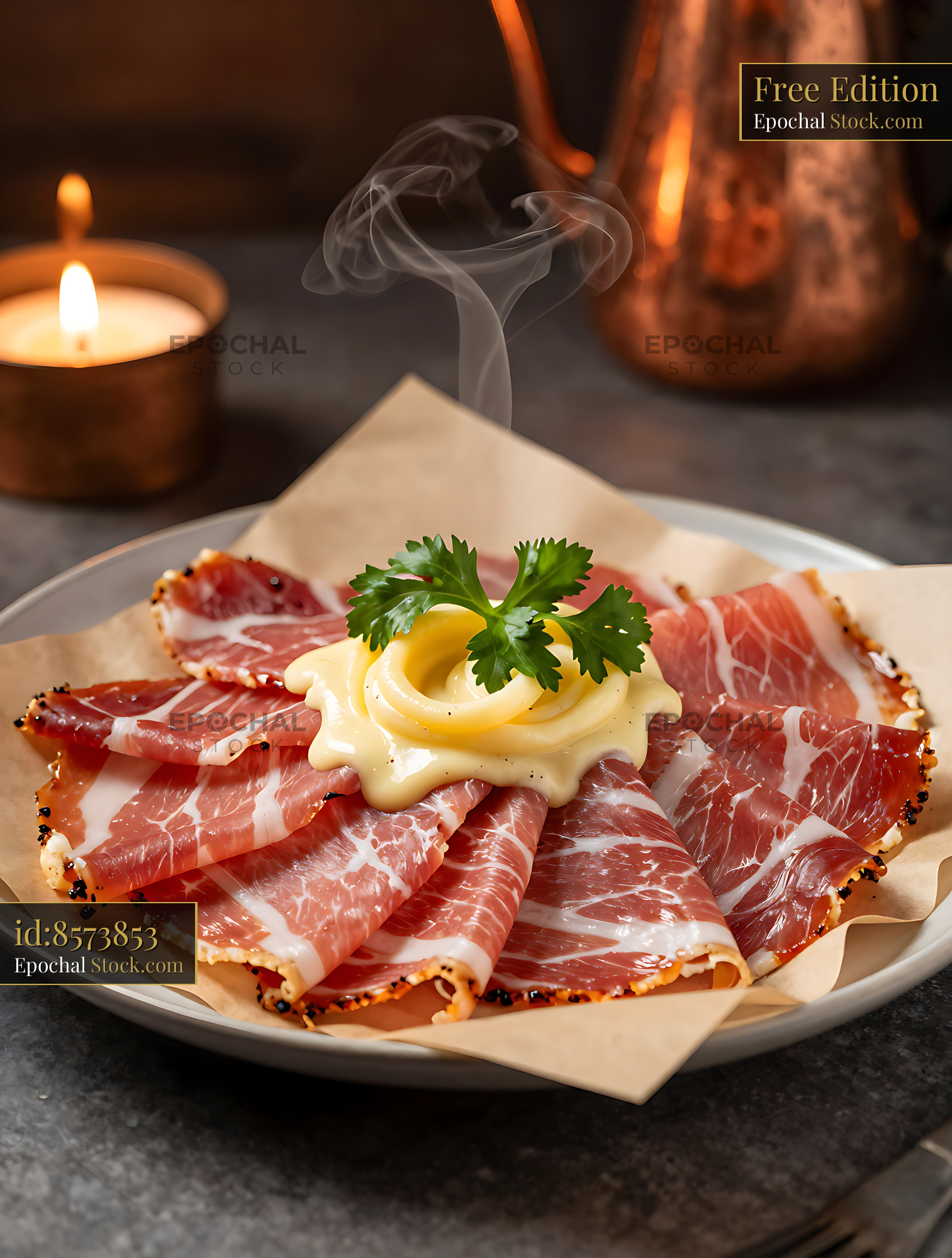 Gourmet flamenquin cordobes with cured ham served by candlelight - stock photo