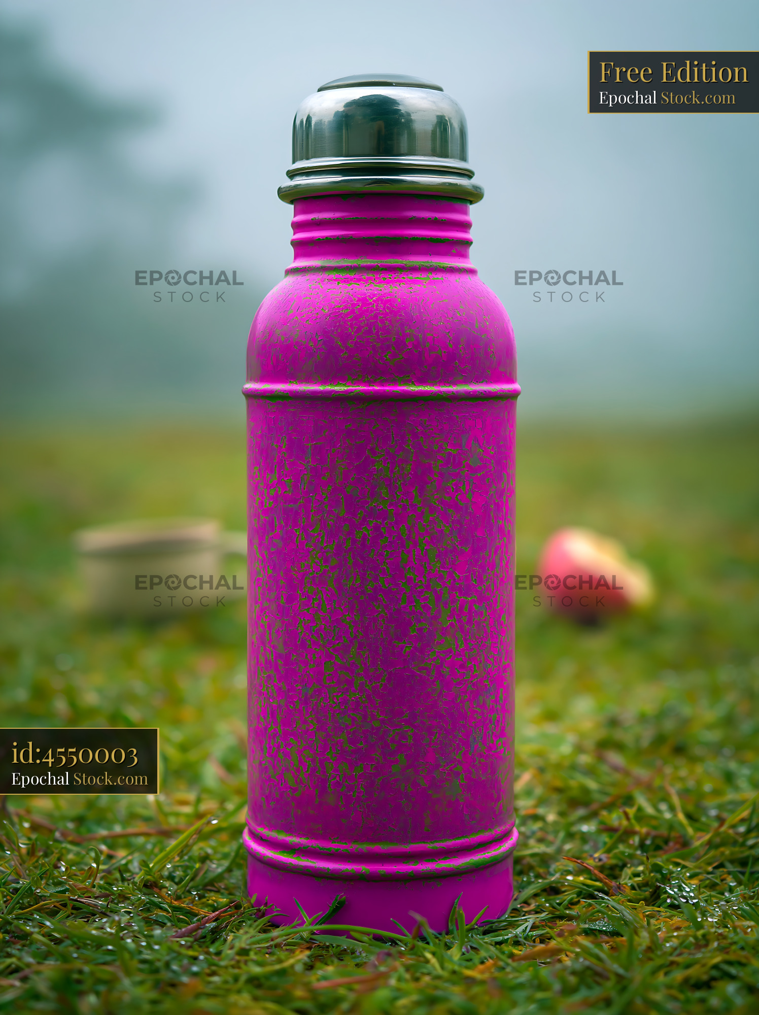 Vintage pink thermos on green spring grass in misty morning
